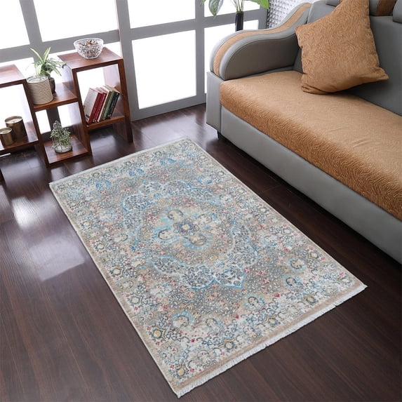 RUGSOTIC CARPETS Machine Woven Crossweave AREA RUGS - 4'8''x6'9'', Rectangle,Beige Black,Classic Oriental Traditional , Low Pile Machine Made Area Rugs for Living Room, Bed Room (M00093)