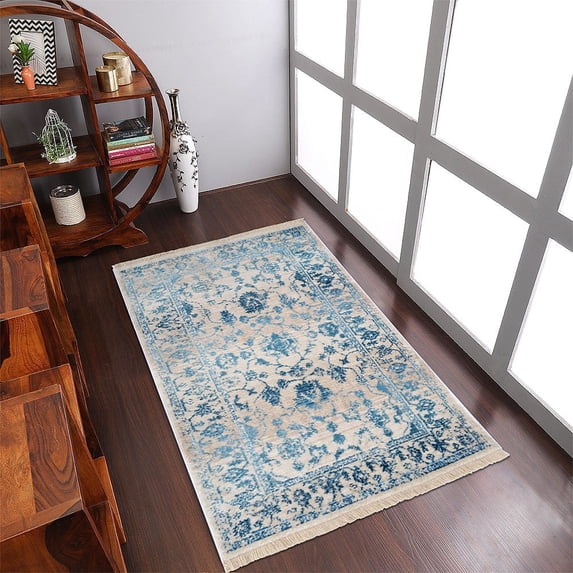 RUGSOTIC CARPETS Machine Woven Crossweave AREA RUGS - 4'x5'11'', Rectangle,Ivory Blue,Classic Oriental Traditional , Low Pile Machine Made Area Rugs for Living Room, Bed Room (M00081)