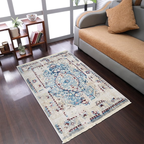 RUGSOTIC CARPETS Machine Woven Crossweave AREA RUGS - 4'x5'11'', Rectangle,Ivory Blue,Classic Oriental Traditional , Low Pile Machine Made Area Rugs for Living Room, Bed Room (M00063)
