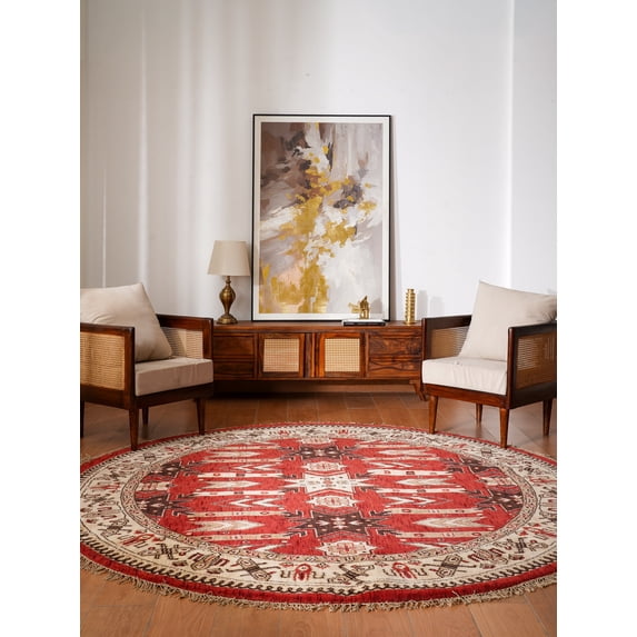 RUGSOTIC Carpets 4'x4' Round Hand Knotted Loom Wool Handmade Red Cream ...