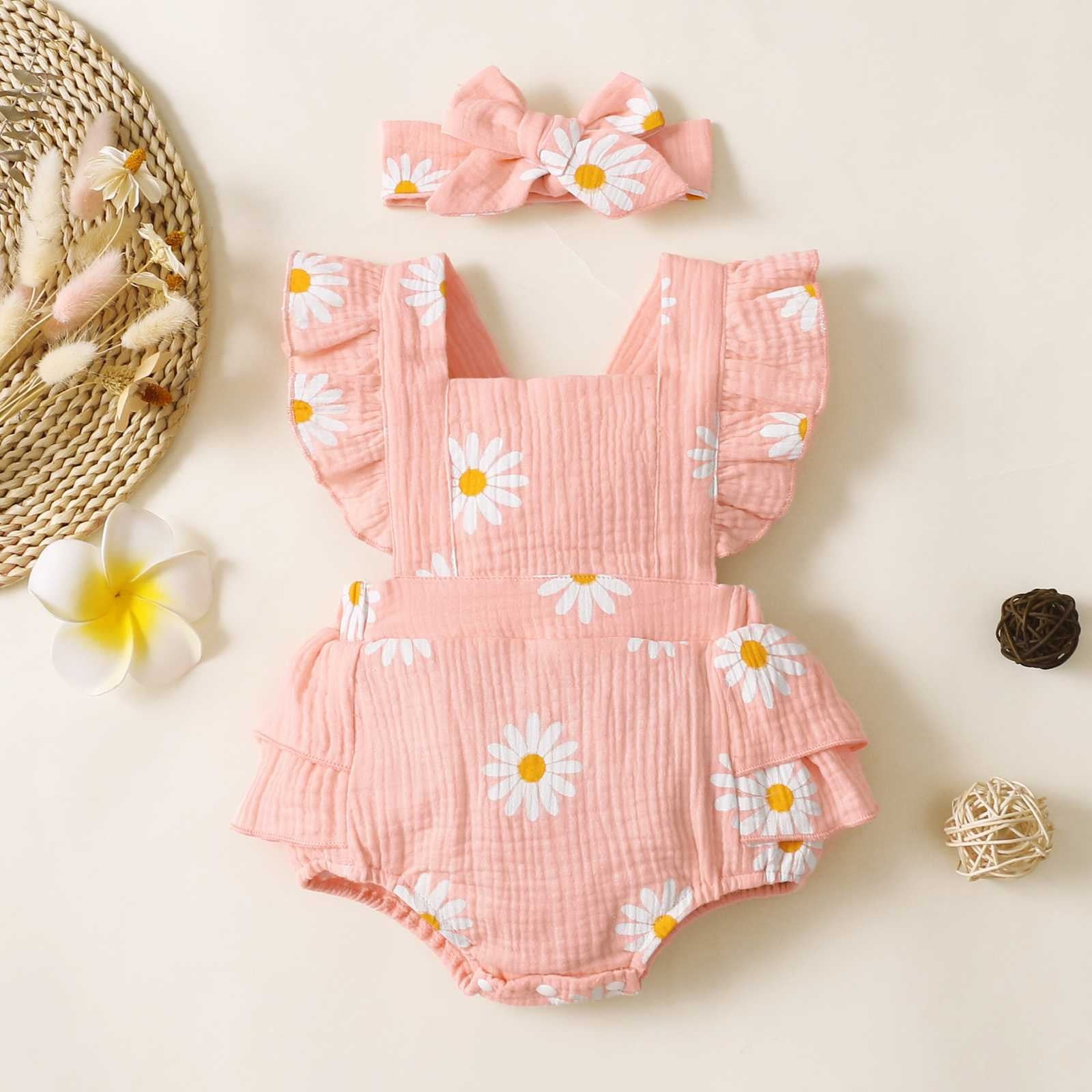 RUICUW Baby Girl Clothes Daisy Print Crepe Fabric Baby Romper Set Girl