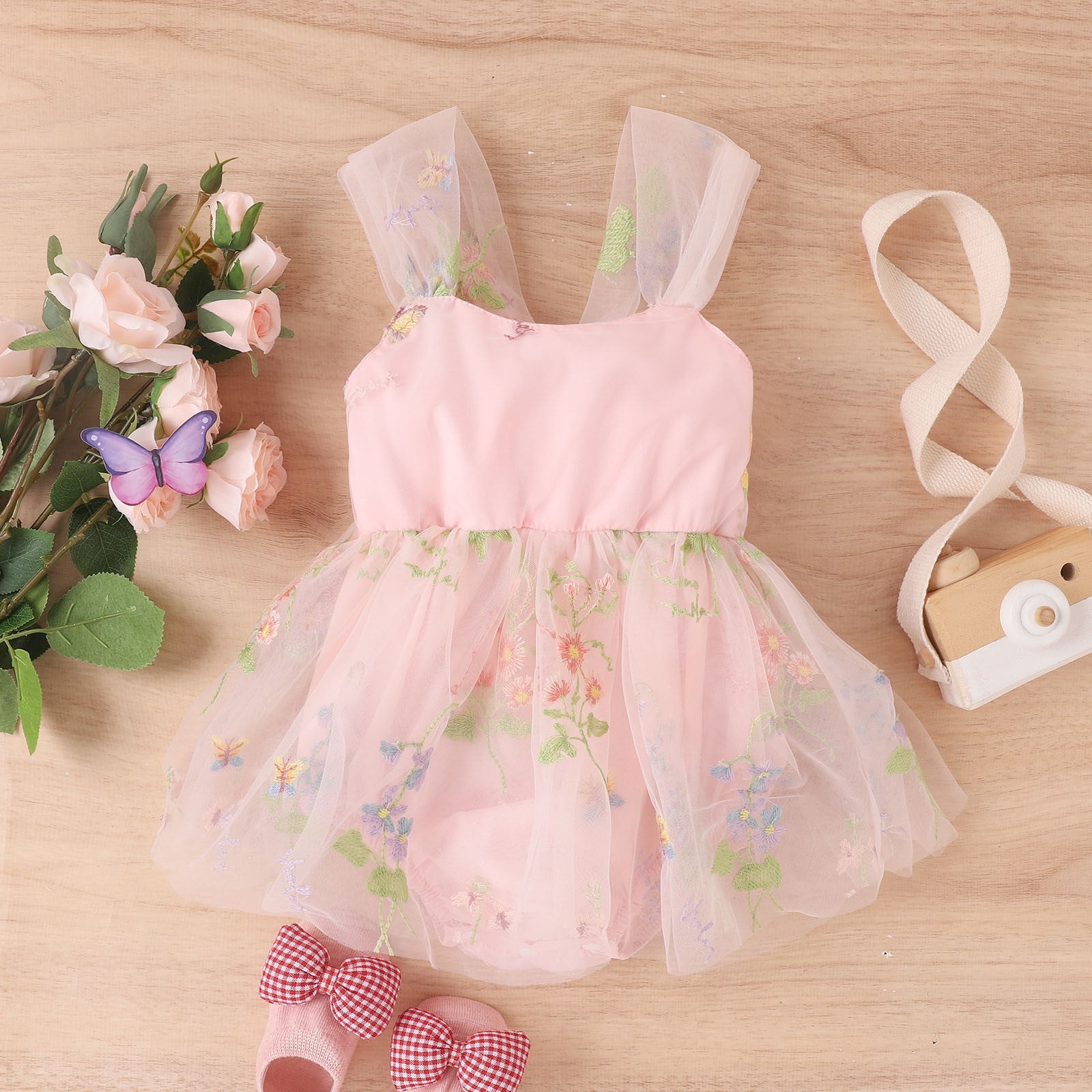 RUICUW Girls Sleeveless Floral Embroider Tulle Backless Romper