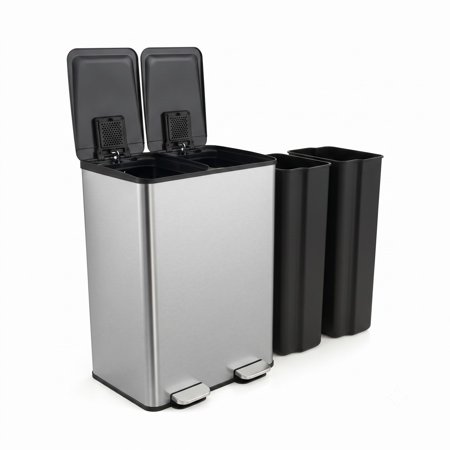 RUIE 16 Gallon Dual Compartment Trash Can, 2 x 8 Gal Stainless Steel Step Kitchen Garbage Bin, Soft-Close Lids, Foot Pedal & Deodorizer Slots for Recycling, Silver