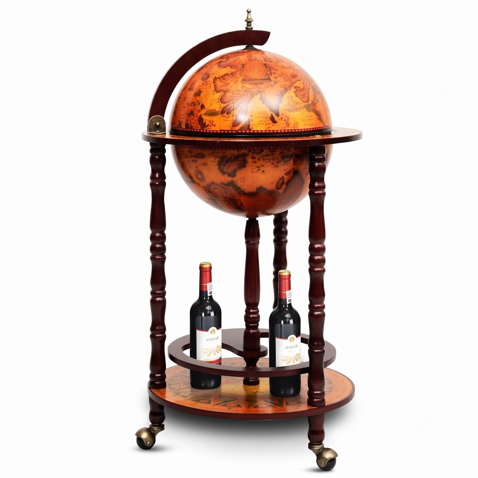 RUIE 16th Century Globe Wine Bar Stand, Freestanding Wood Wine Rack Cabinet with Antique Map Design for Living Room Bar Kitchen Storage, Brown