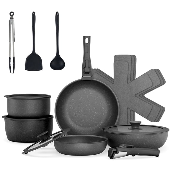 RUIE 18-Piece Ceramic Nonstick Pots and Pans Set with Removable Handles, Stackable Cookware, Fridge Storage Lids and Pot Protectors, Induction Compatible