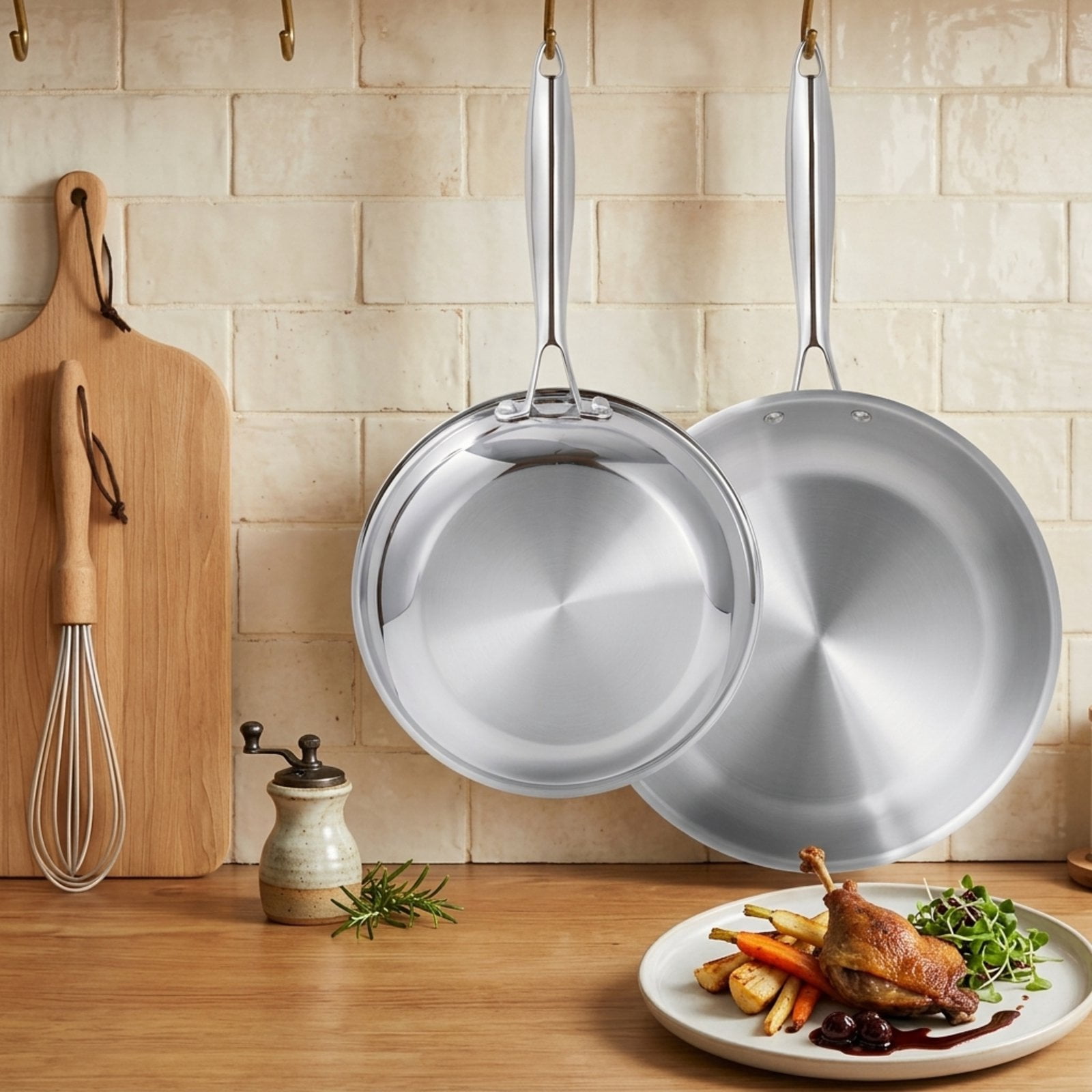RUIE 2-Piece Frying Pan Set, 3-Ply Thick Stainless Steel Cookware Set, Nonstick, Cool-Touch Handles, Induction Compatible