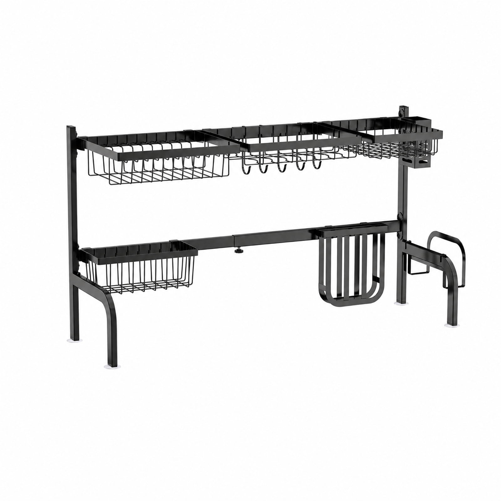 RUIE 2-Tier Over Sink Dish Drying Rack, Adjustable Dish Rack with 4 Baskets, Utensil Holder, Cutting Board Holder and 8 Hooks - Black