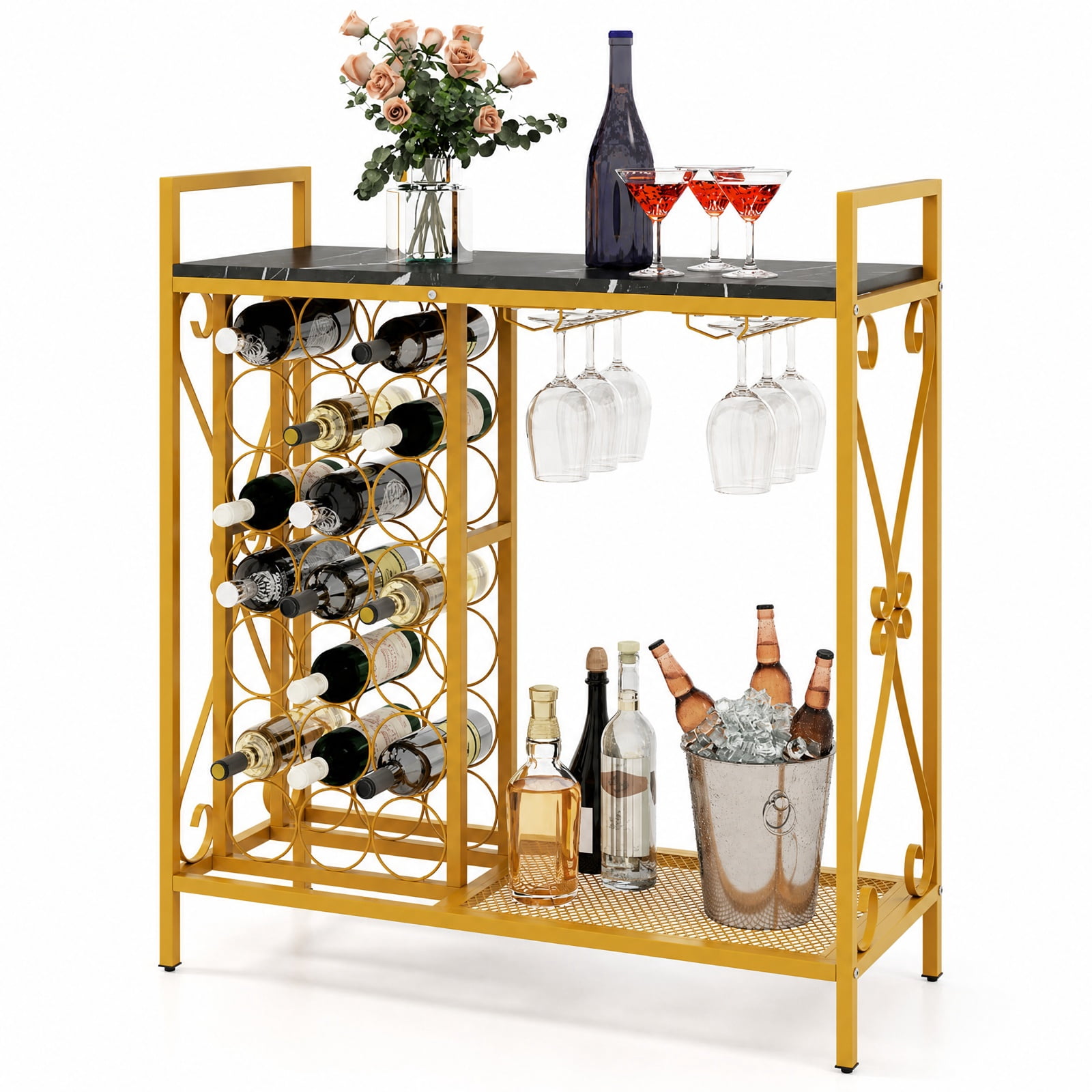 RUIE 21 Bottle Freestanding Wine Rack, Floor Wine Bottle Organizer with Glass Holder, Metal Wood Storage Shelf for Kitchen Dining Room - Black Golden