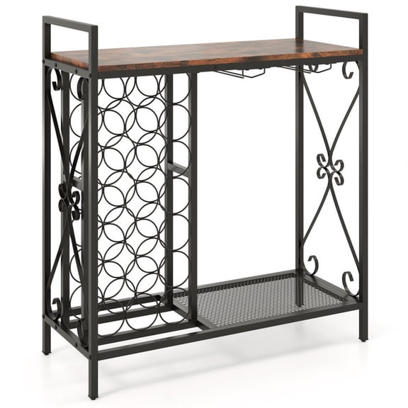 RUIE 21 Bottle Wine Rack Freestanding, Floor Wine Bottle Organizer with Glass Holder and Storage Shelf for Kitchen Bar, Rustic Brown