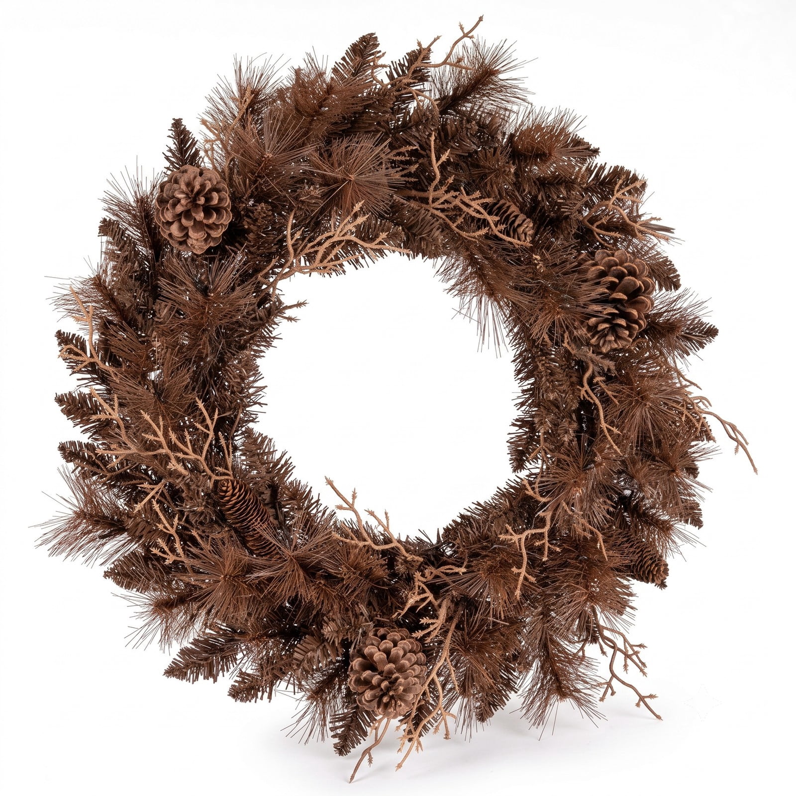 RUIE 24 in Christmas Decoration, 24 in Pre-Lit Christmas Wreath with 35 Warm White LED Lights, 105 Branch Tips, 6 Pine Cones, Battery Operated Timer, Brown