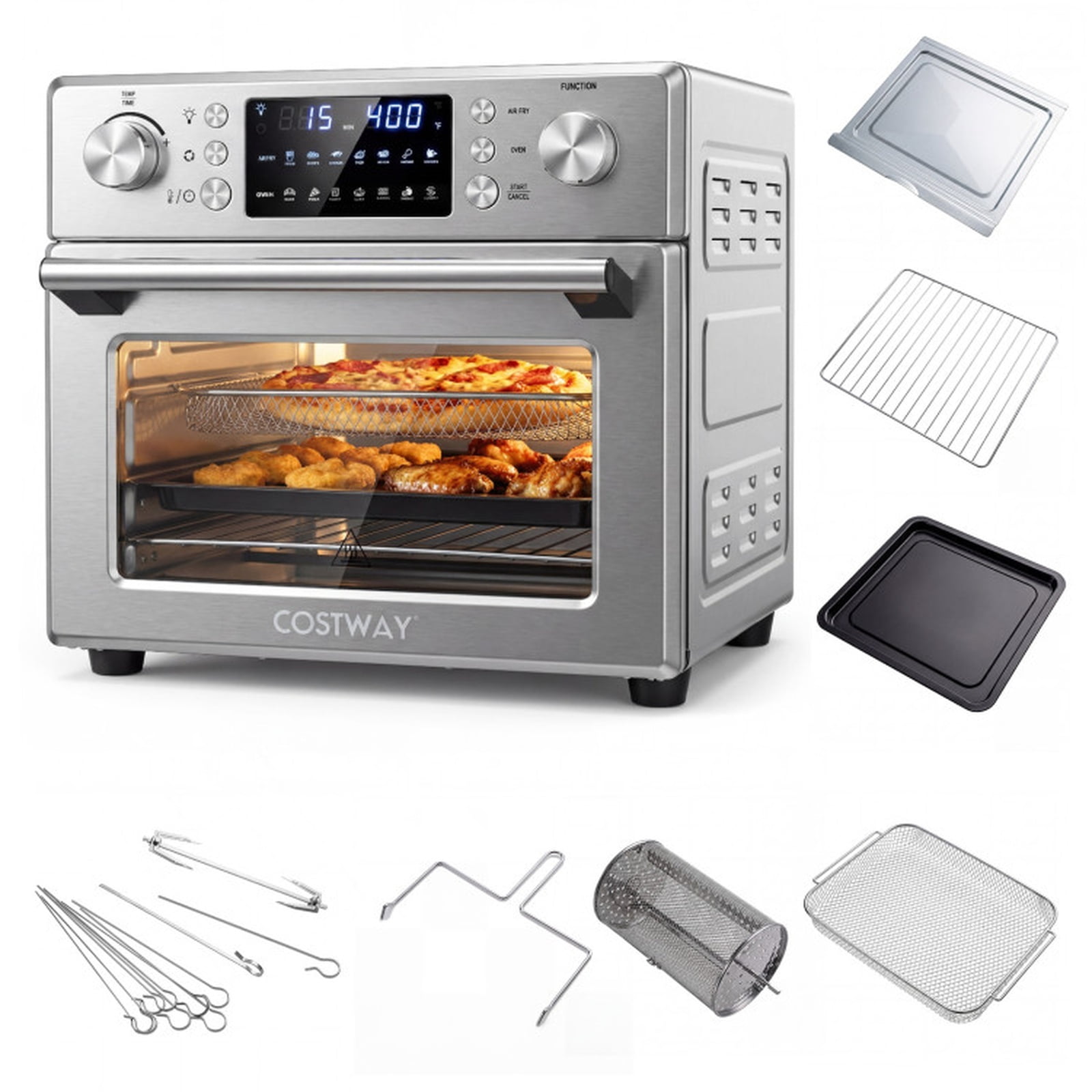 RUIE 26 QT Countertop Convection Oven, Stainless Steel Toaster Oven Air Fryer with Rotisserie, 14 Cooking Modes 1700W Convection Toaster Oven for Home, Silver