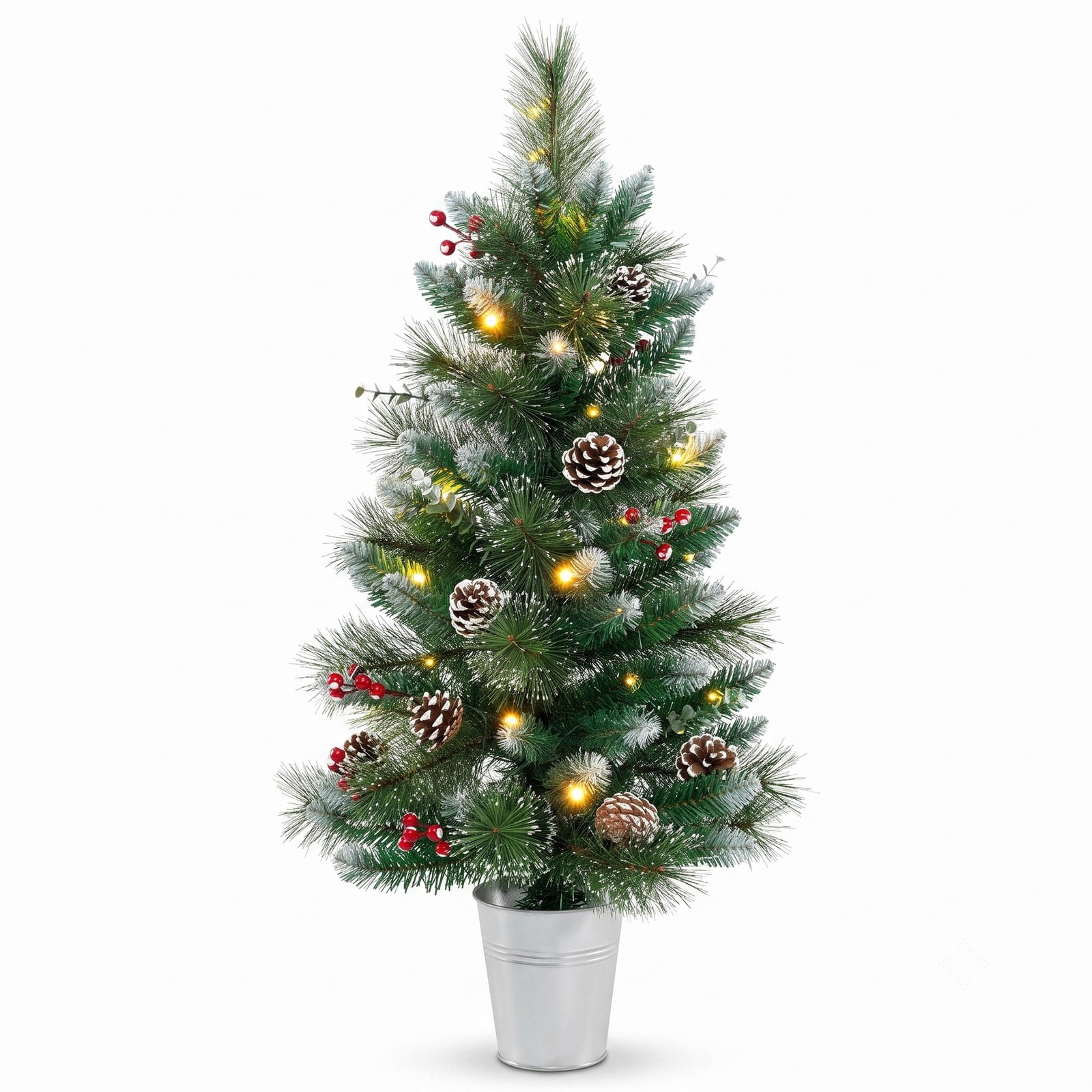 RUIE 3 FT Battery-Operated Tabletop Christmas Tree, Pre-Lit Artificial Mini Xmas Tree with 20 Warm White LED Lights, 81 Branch Tips, Red Berries & Pine, Green & White