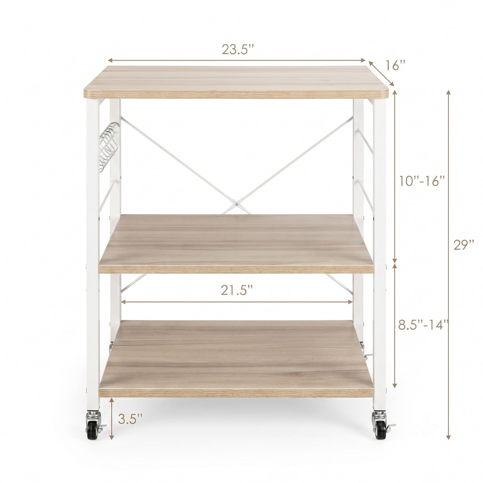RUIE 3-Tier Kitchen Baker's Rack Microwave Oven Storage Cart with 10 Hooks, 4 Casters and Adjustable Shelf for Coffee Bar Dining Room, Light Brown