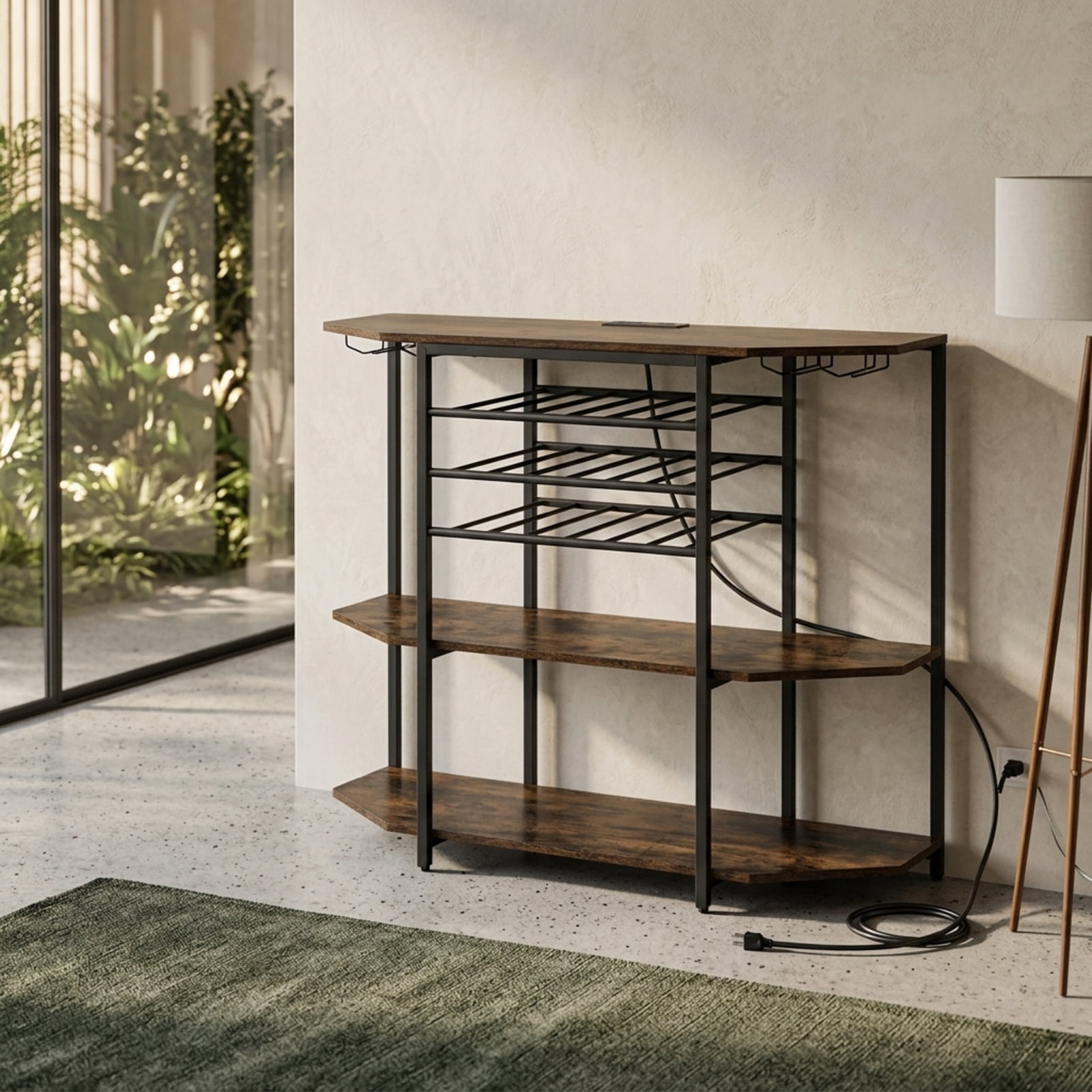 RUIE 3-Tier Wine Bar Cabinet with Storage Shelves, Coffee Bar Buffet Sideboard with Charging Station and Wine Rack for 21 Bottles, Brown
