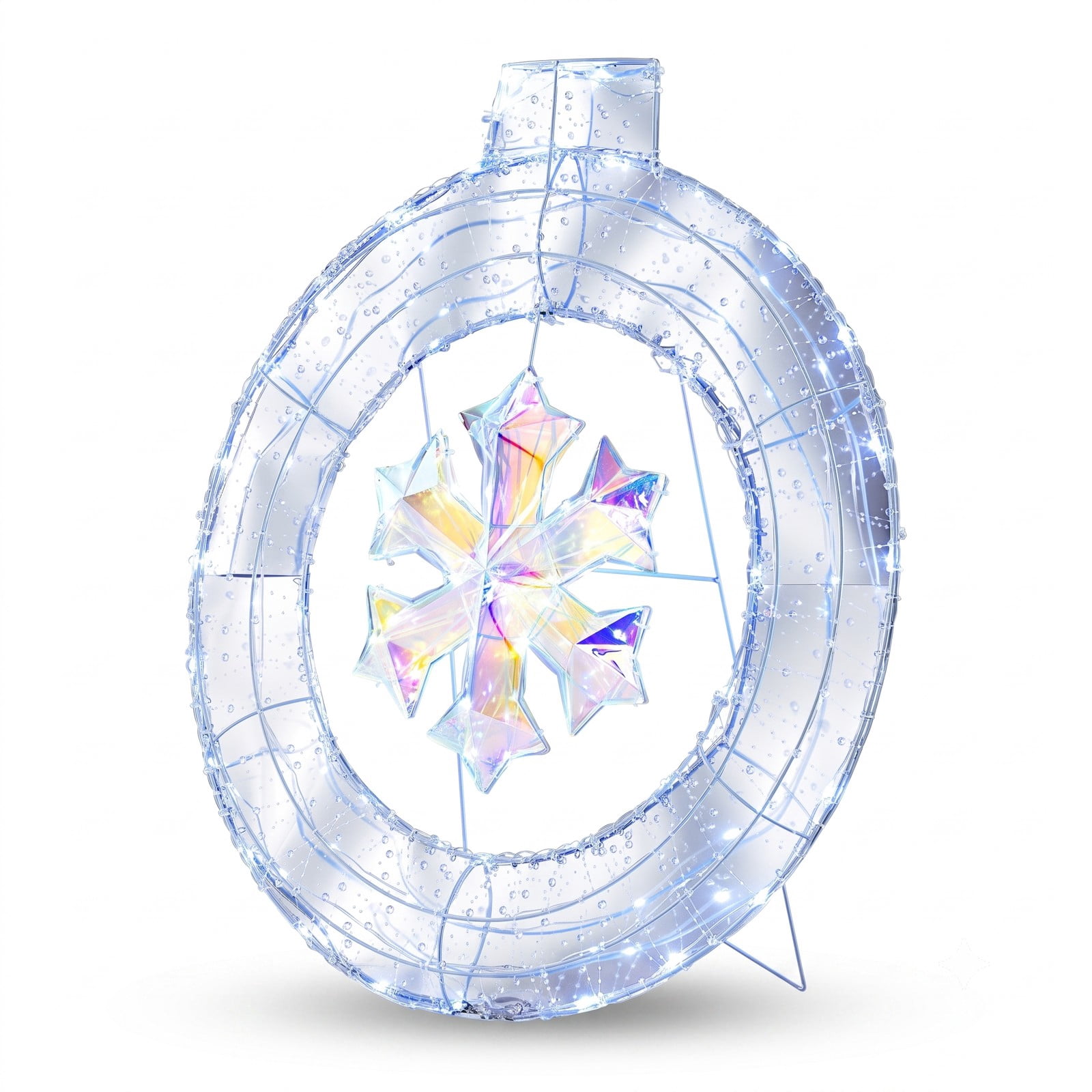 RUIE 33 Inch Lighted Christmas Snowflake Ornament with 128 Cold White LED Lights, Hanging Ring and Support Bracket for Indoor Outdoor Holiday Door Decoration, Cold White