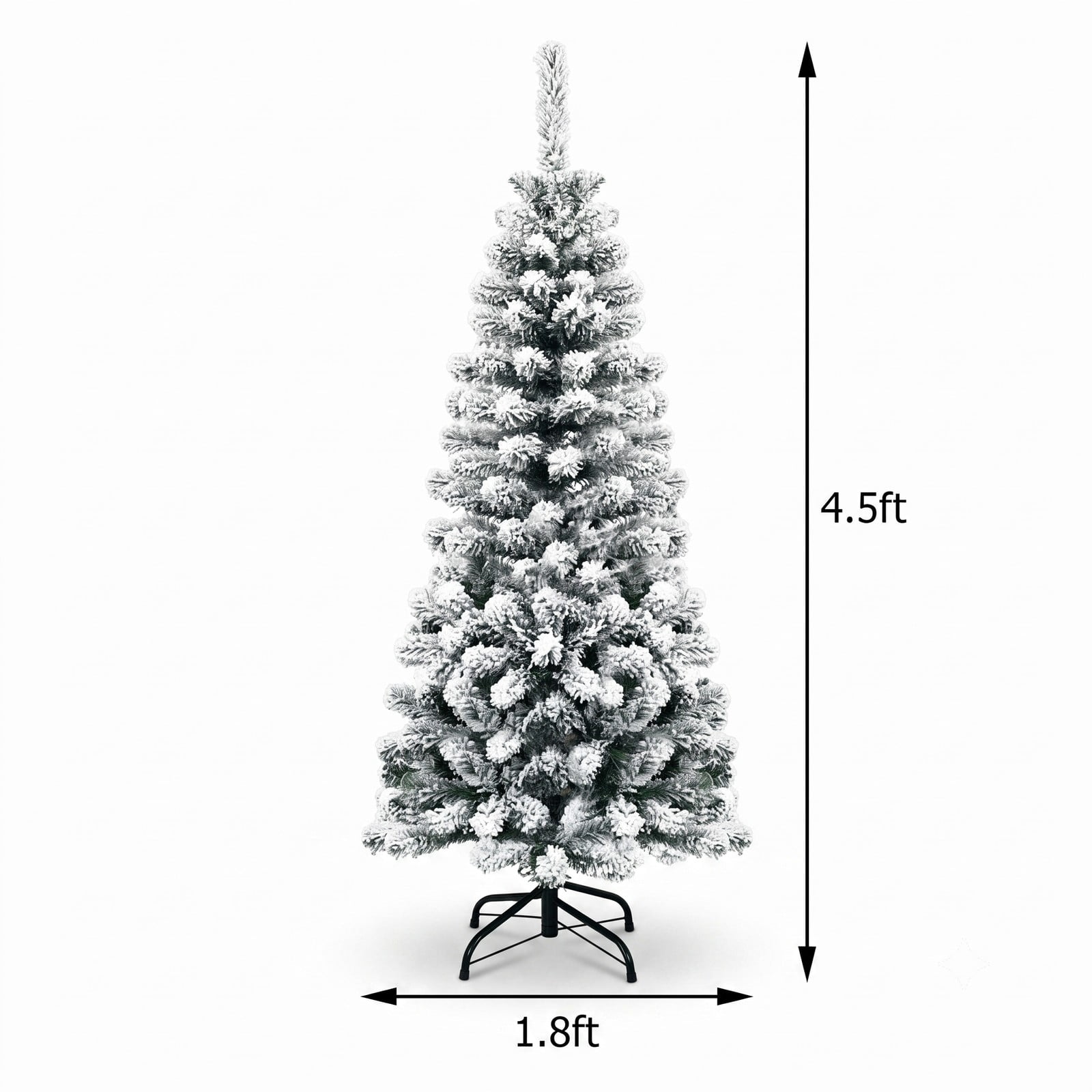 RUIE 4.5 FT Pre-Lit Snow Flocked Pencil Christmas Tree with 150 Warm White LED Lights, 242 Branch Tips, Artificial Slim Xmas Tree with Foldable Metal Stand for, White