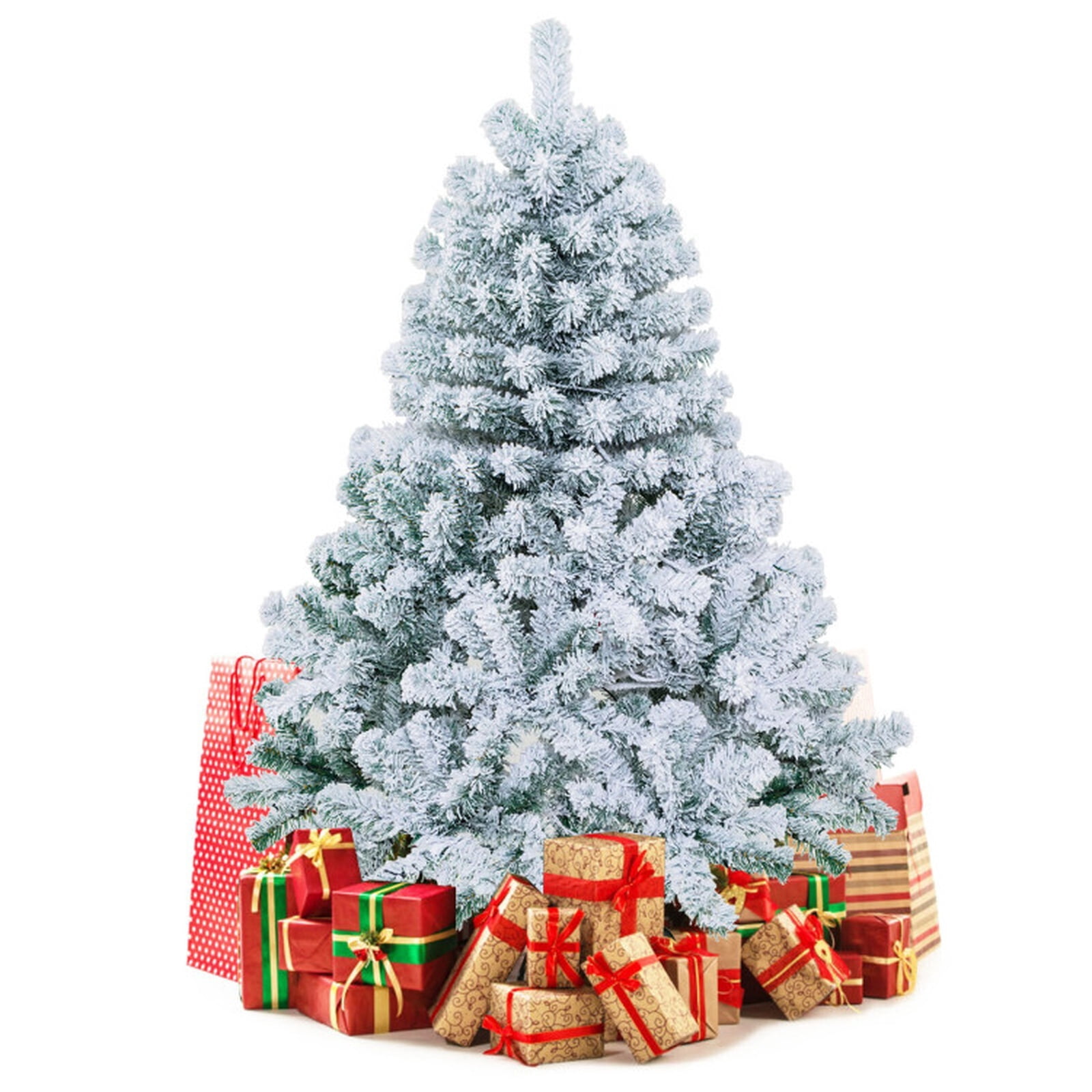 RUIE 4.5 ft Snow Flocked Christmas Tree, Pre-Lit Green White Artificial Xmas Tree with 150 LED Lights and 295 Branch Tips, Tabletop