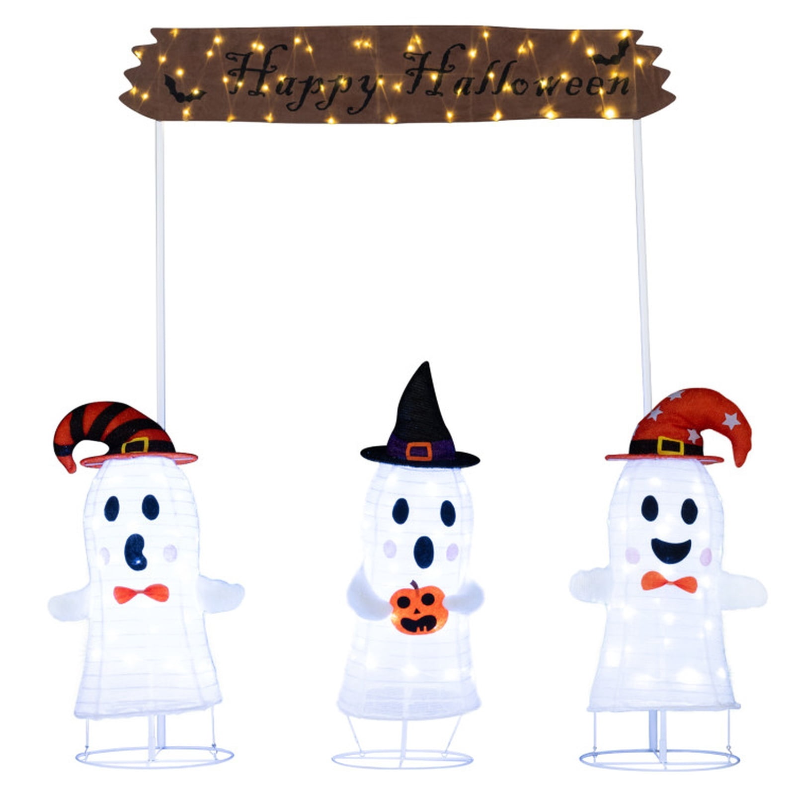 RUIE 4-Piece Halloween Pop Up Ghosts Decoration with Gate and LED Lights, Lighted Outdoor Yard Ghost Archway with Stakes for Lawn Garden Porch