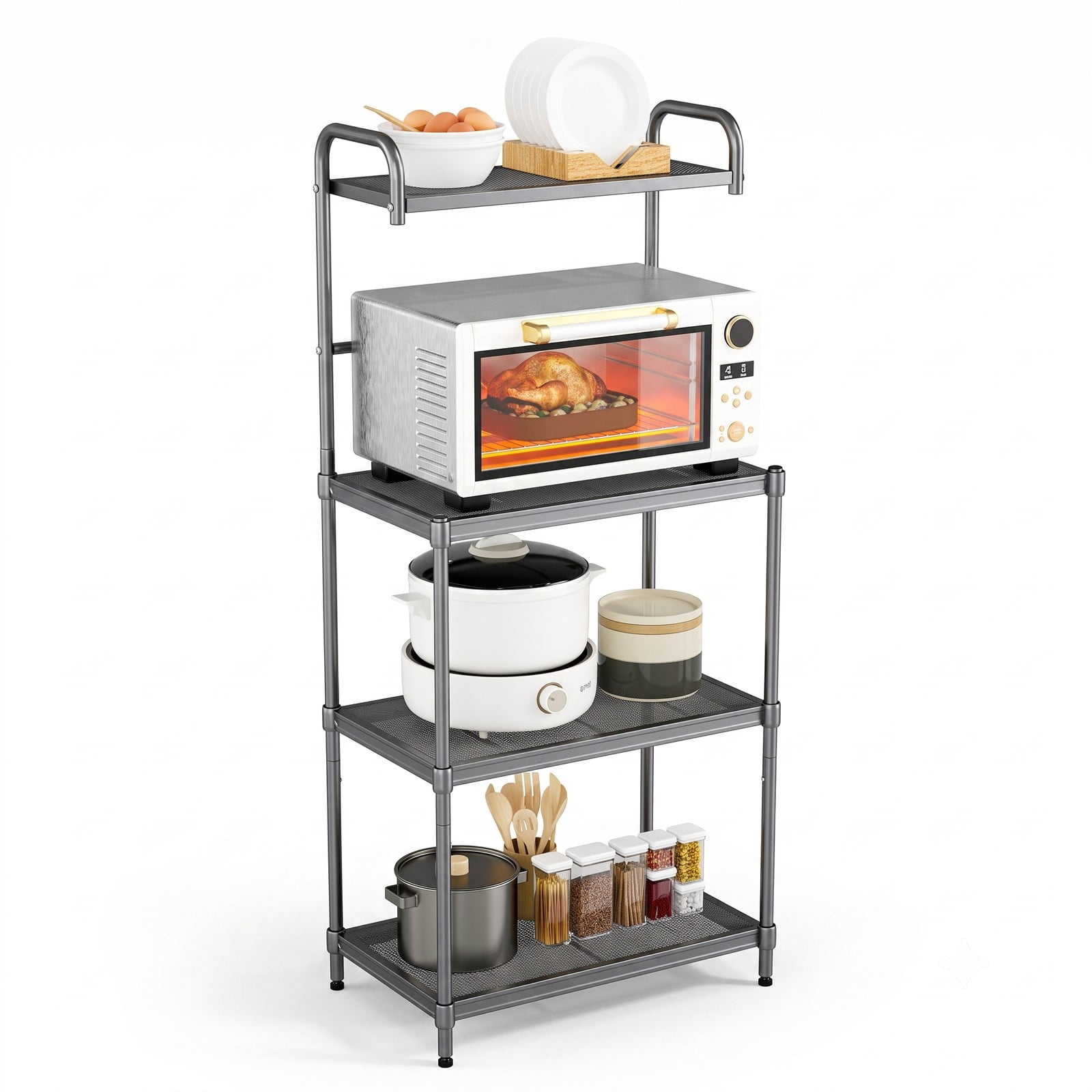 RUIE 4-Tier Baker's Rack Stand, Freestanding Kitchen Storage Rack Organizer Shelves, Heavy-Duty Iron Microwave Oven Shelf for Pantry Living Room, Green