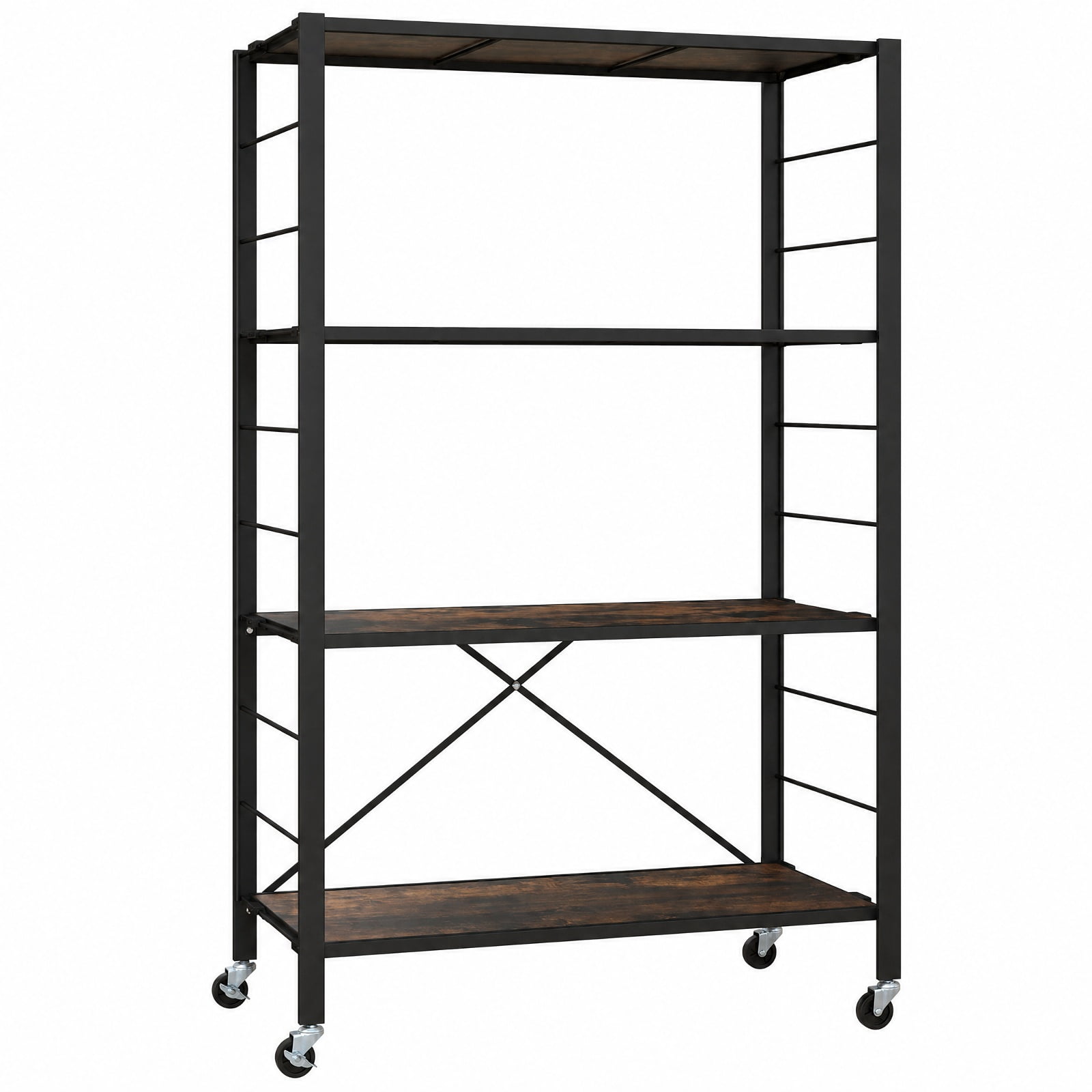 RUIE 4-Tier Foldable Storage Shelf with Wheels, Rolling Utility Shelving Rack for Kitchen Living Room Tool Room, 180 lb Capacity, Black