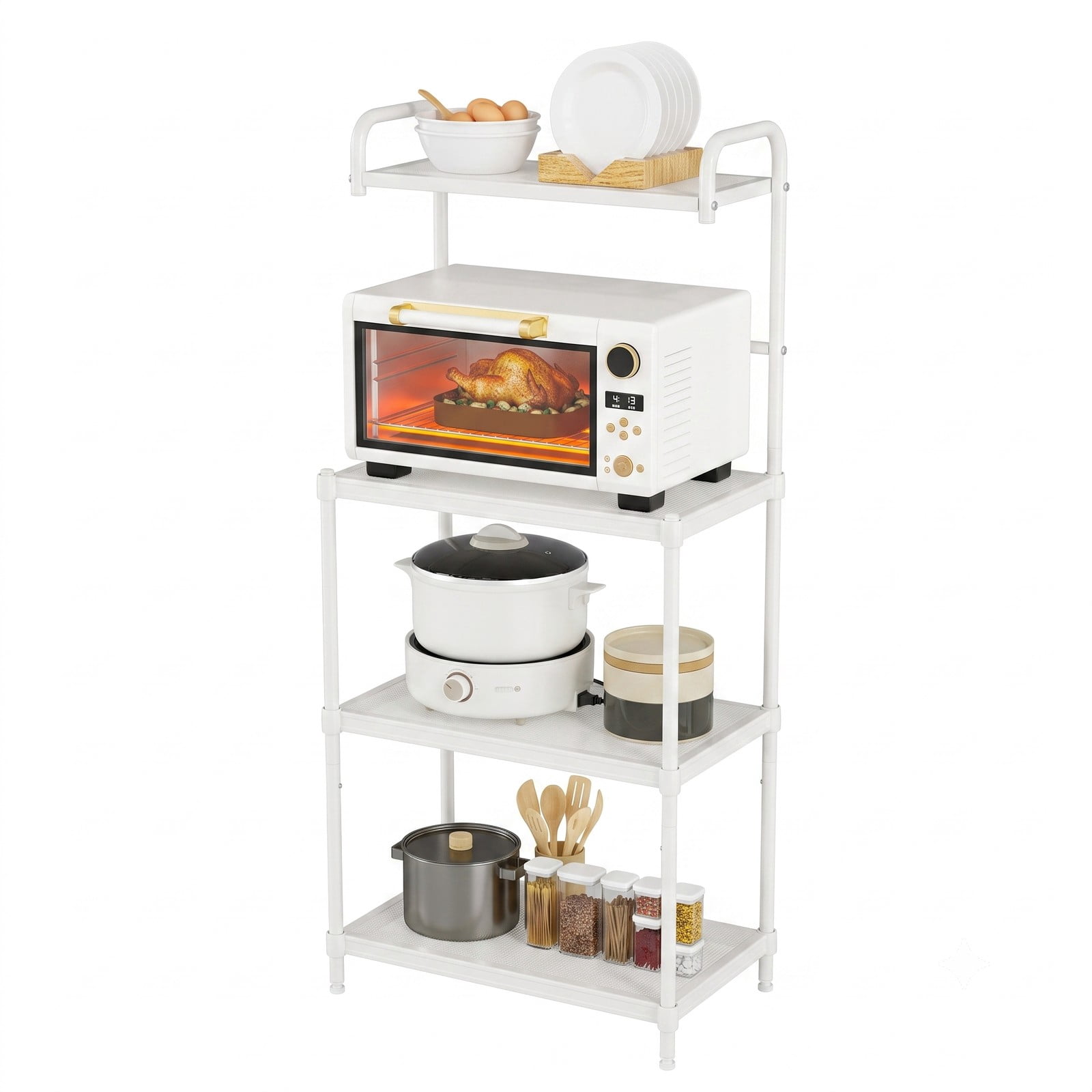 RUIE 4-Tier Kitchen Baker's Rack, Freestanding Microwave Oven Storage Shelf Organizer, Heavy-Duty Iron Utility Stand for Kitchen Pantry Living Room, White