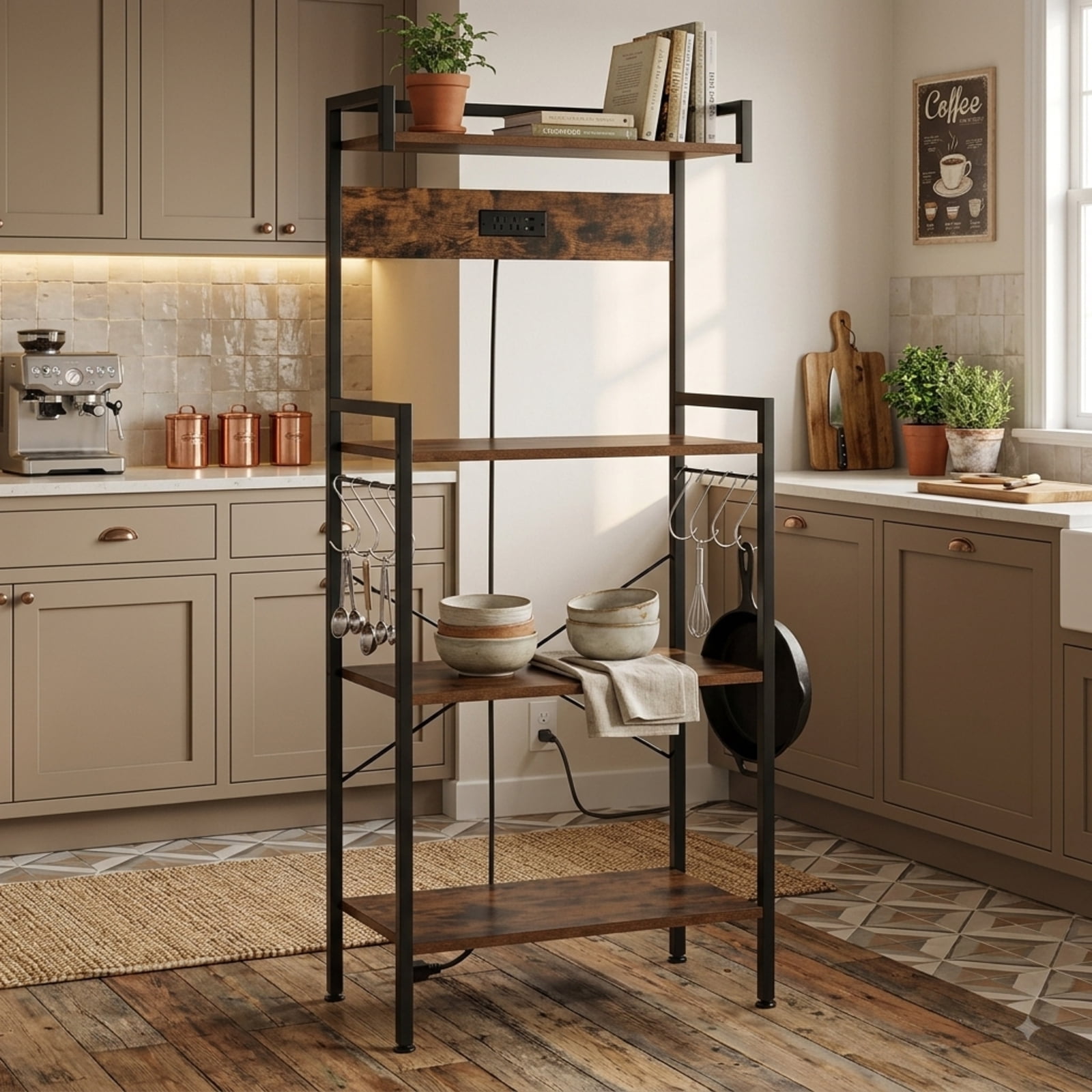 RUIE 4-Tier Kitchen Baker's Rack with Power Outlet and 8 S-Hooks, Industrial Coffee Bar Storage Shelf with ETL Charging Station, Rustic Brown