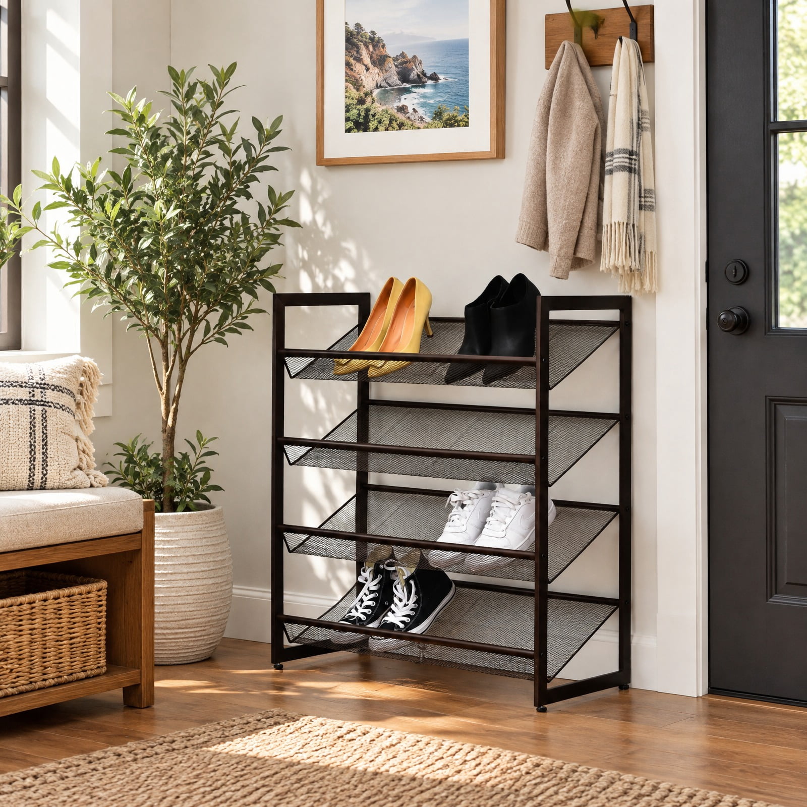 RUIE 4-Tier Metal Shoe Rack with Adjustable Mesh Shelves, Flat and ...