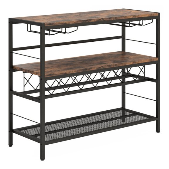 RUIE 41 Inch Bar Table with Wine Rack and Glass Holders, 4-Tier Wine Bar Table with 4 Rows of Stemware Racks for Kitchen Dining Room, Rustic Brown