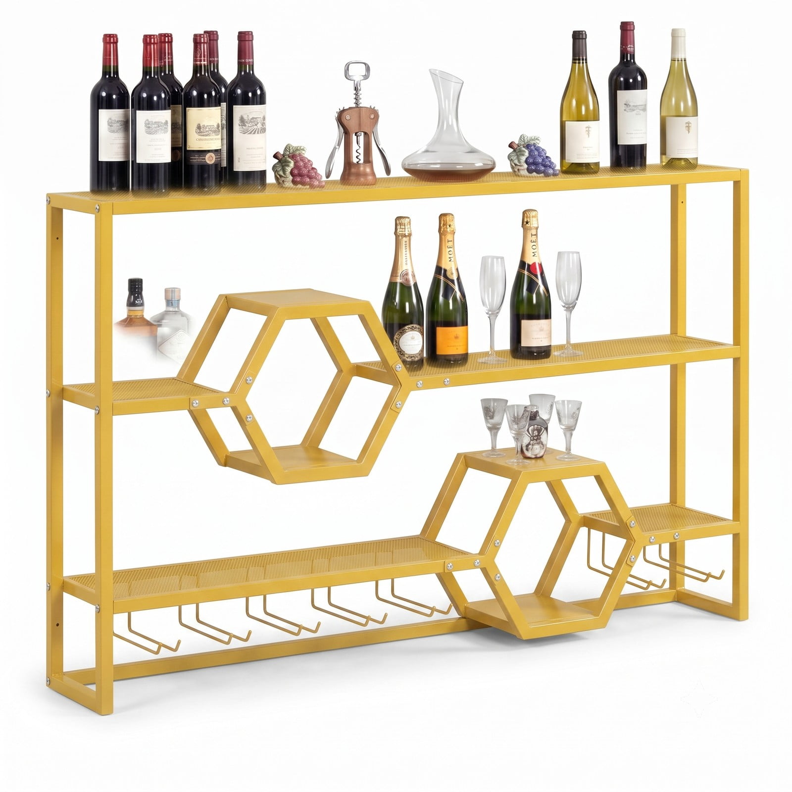 RUIE 47 Inch Wall Mounted Wine Rack, Large Floating Bar Shelf with Stemware Holder, Metal Hanging Wine Bottle Storage Organizer for Kitchen Dining Room Bar, Gold