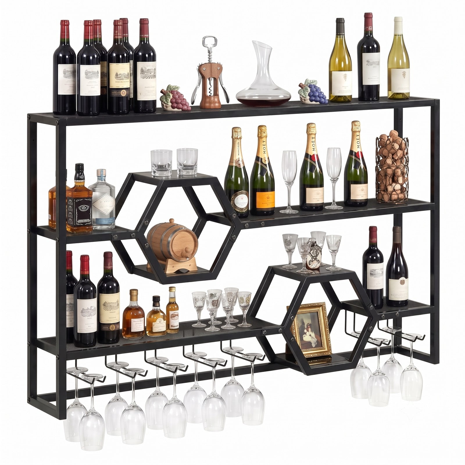 RUIE 47 Inch Wall Mounted Wine Rack, Large Floating Bar Shelves with Glass Holder, Metal Hanging Wine Bottle Storage Organizer for Kitchen Dining Room Bar, Black