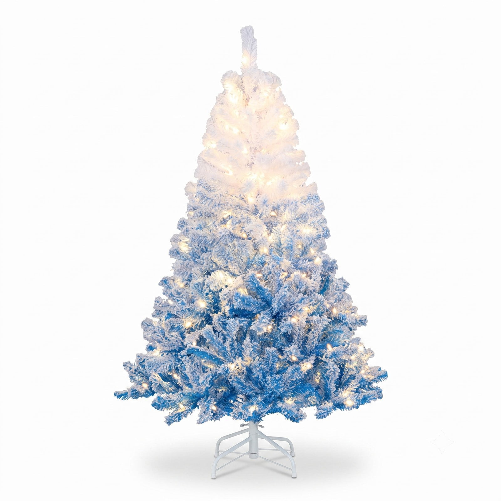 RUIE 5 FT Artificial Christmas Tree with 180 Warm White LED Lights and 8 Modes, Snow Flocked Hinged Prelit Xmas Tree with Foldable Metal Stand, White & Blue