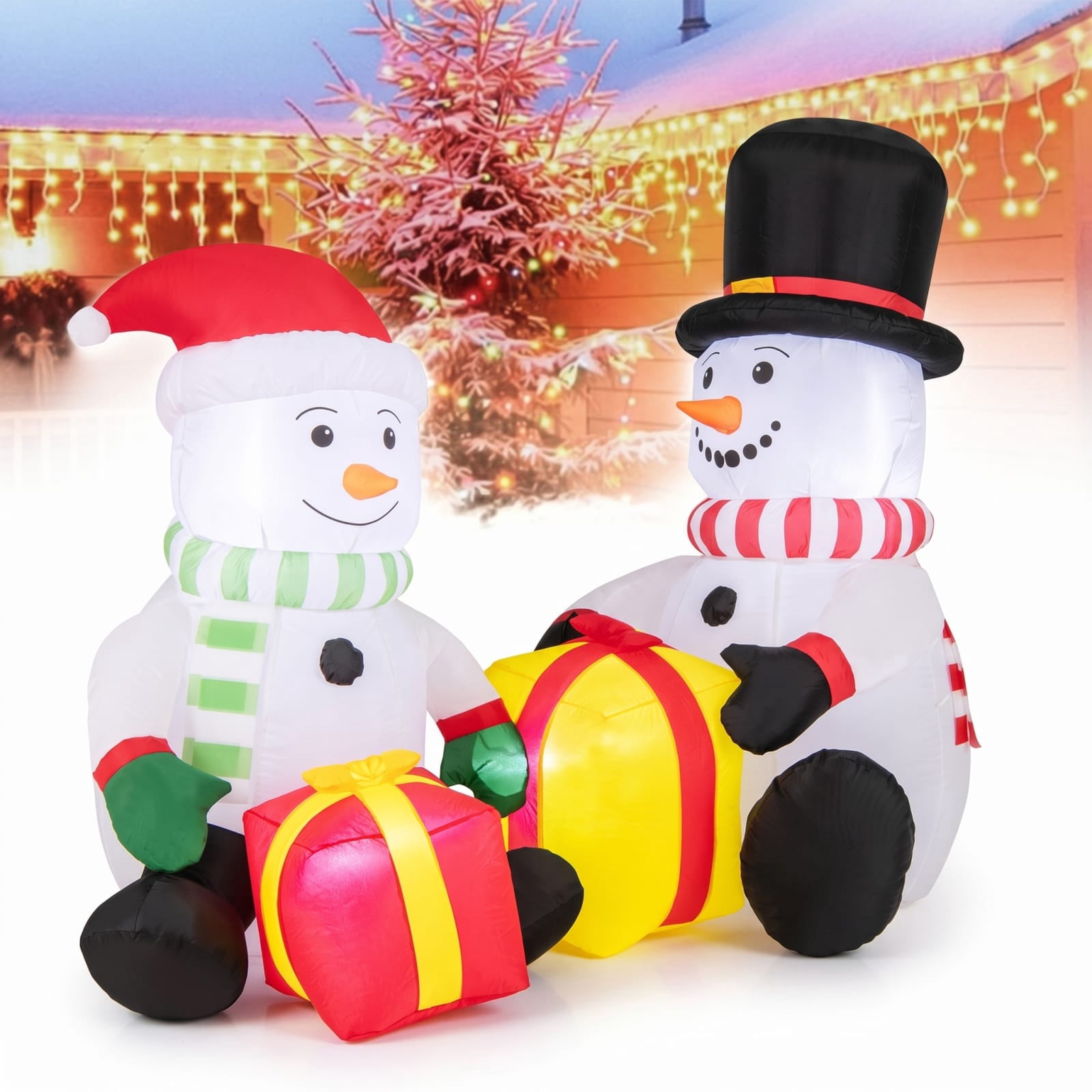 RUIE 5 FT Christmas Inflatables, 2 Blow Up Snowmen with Gift Boxes and LED Lights, Lighted Outdoor Yard Decorations for Lawn Garden - Multicolor