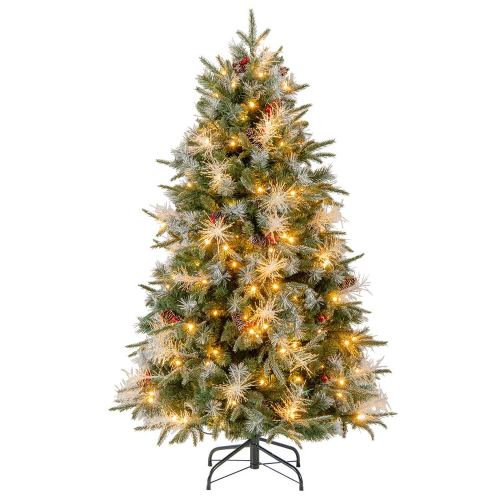 RUIE 5 FT Pre-Lit Christmas Tree, Artificial Xmas Tree with Pine Cones, Red Berries & 190 LED Lights