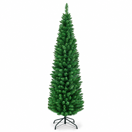 RUIE 5 FT Small Pencil Christmas Tree, Slim Artificial Balsam Fir Xmas Tree with 220 PVC Tips, 24 in Wide, Folding Metal Stand, Unlit, Green, for Small Spaces, Apartment, Dorm, Corner Decor