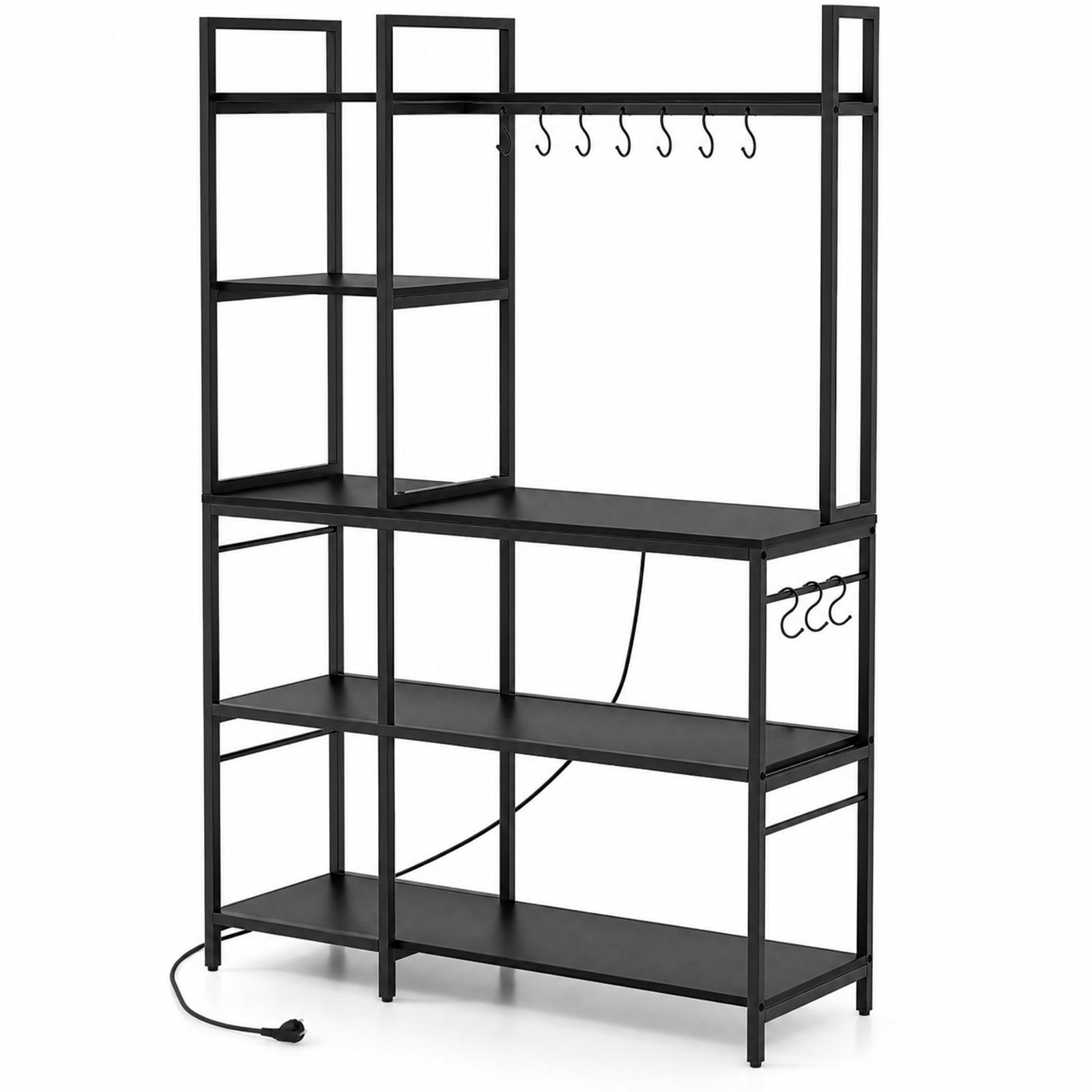 RUIE 5-Tier Baker's Rack with Power Outlets and 10 S-Hooks, Kitchen Storage Stand with Charging Station and Side Hanging Bars, Coffee Bar Shelf, Black