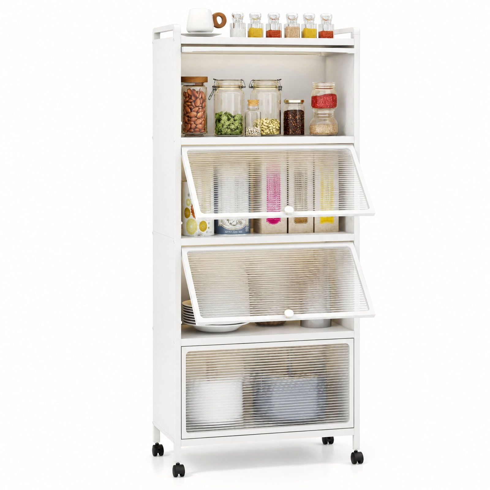 RUIE 5-Tier Kitchen Baker's Rack with Flip-up PC Doors, Rolling Storage Cabinet Pantry Organizer with Universal Wheels and Removable Hooks, White