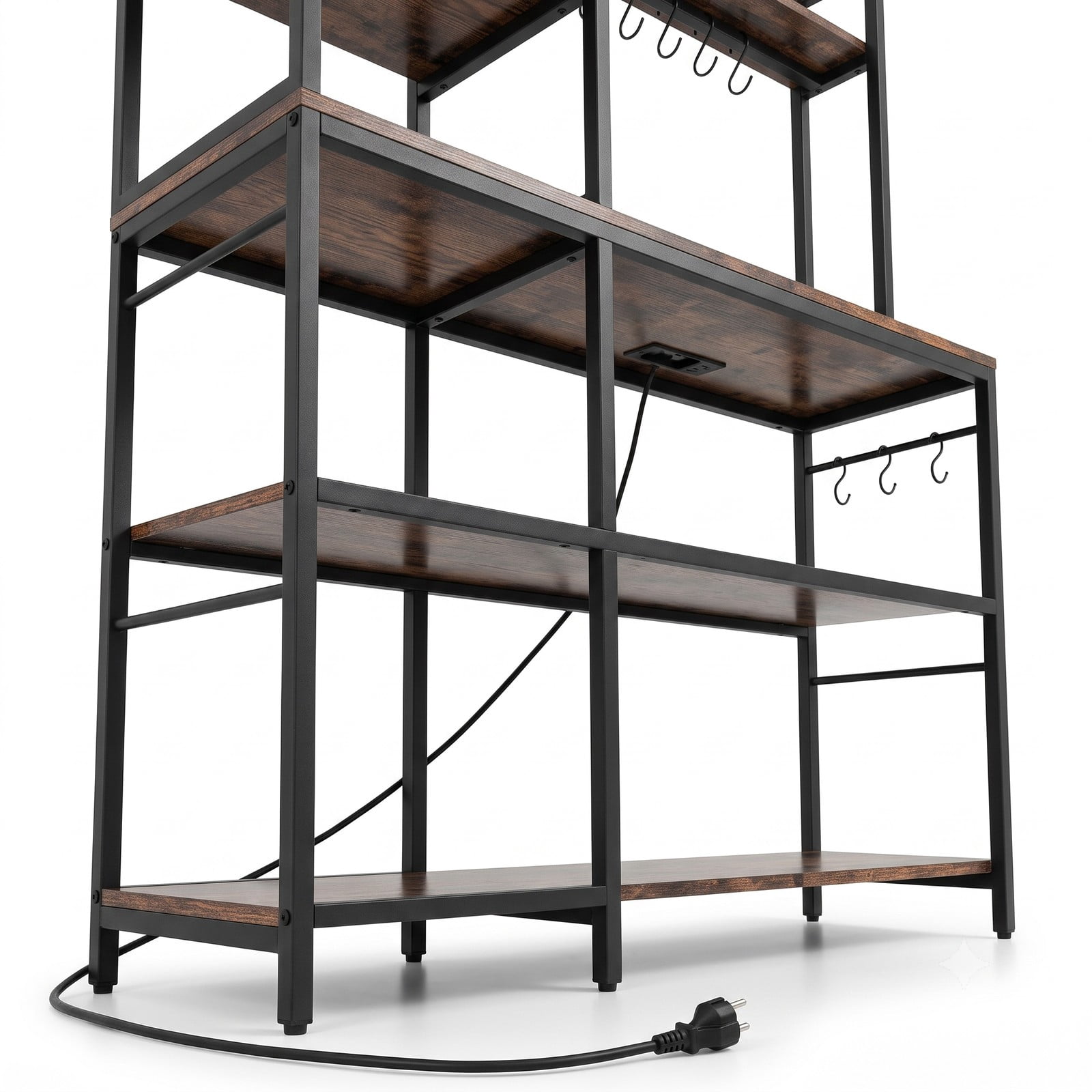 RUIE 5-Tier Kitchen Bakers Rack with Power Outlets, USB & Type-C Charging Station, 10 S-Hooks and Adjustable Feet, Freestanding Metal Microwave Storage, Rustic Brown