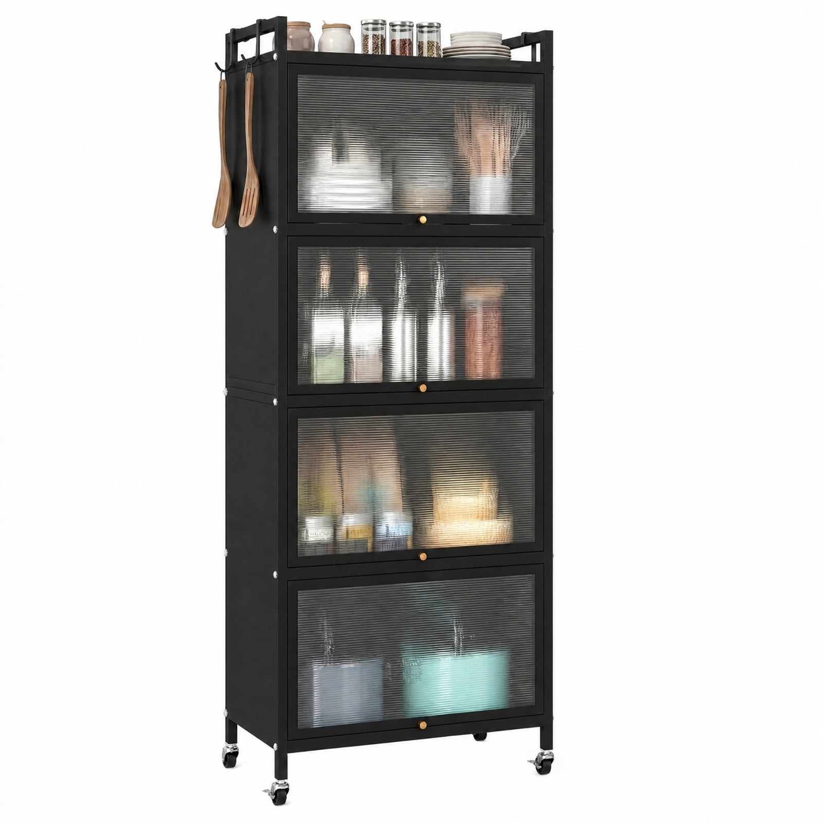 RUIE 5-Tier Metal Pantry Organizer Baker's Rack with Flip-up PC Doors, Rolling Kitchen Storage Cabinet with Universal Wheels and Golden Handles, Black