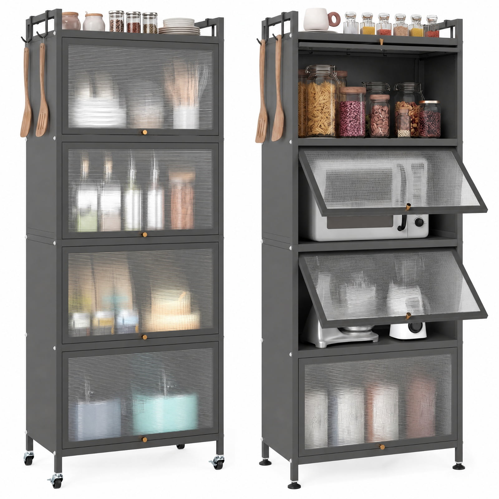 RUIE 5-Tier Rolling Kitchen Storage Cabinet with Flip-up PC Doors, Metal Baker's Rack Pantry Shelf with Universal Wheels, 165 lbs Capacity, Gray