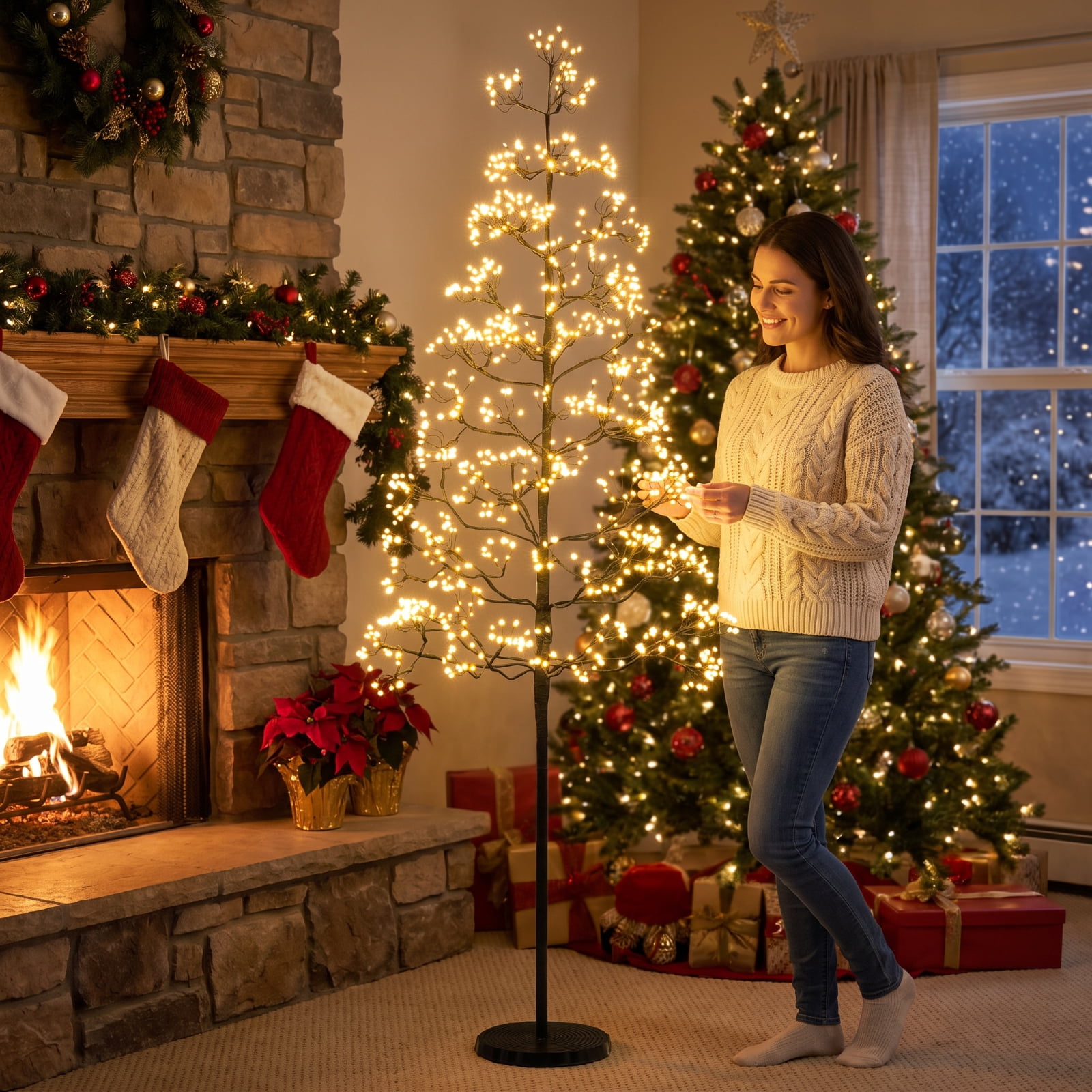RUIE 5 ft Lighted Alpine Christmas Tree, Pre-Lit Slim Black Cedar Tree with 1000 LED Lights and Weighted Base for Entryway