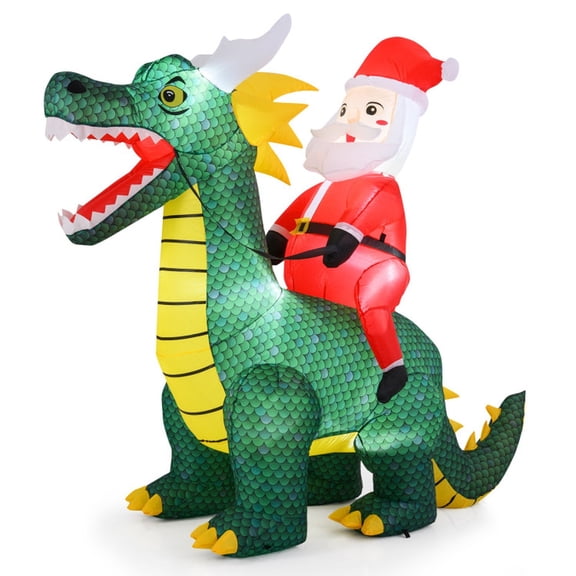 RUIE 6.7 FT Christmas Inflatable Santa Riding Dinosaur, Lighted Outdoor Yard Decoration with LED Lights