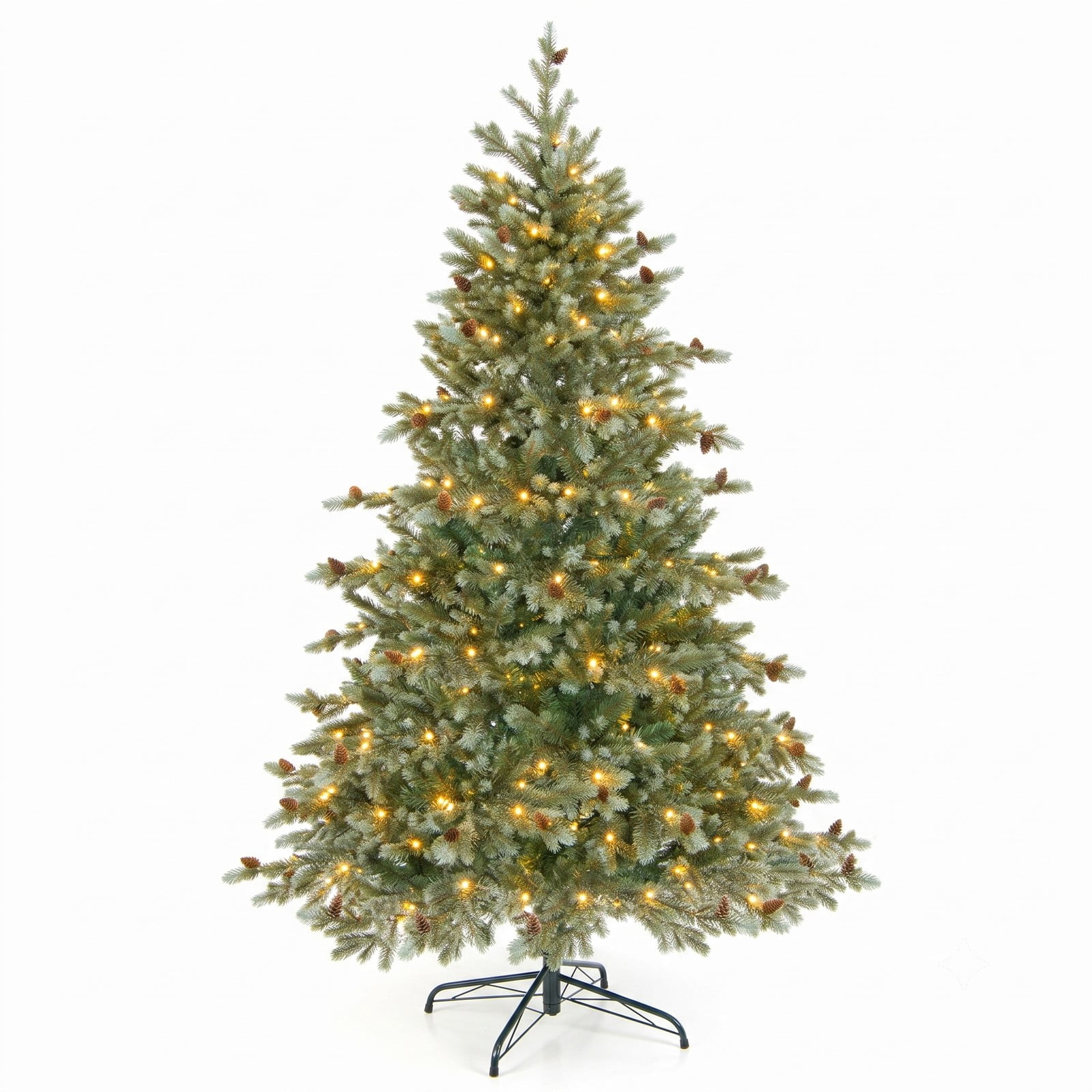 RUIE 6 FT Artificial Christmas Tree with 240 Warm White LED Lights and 53 Pine Cones, Pre-Lit Hinged Xmas Tree with Metal Stand for Home Office Holiday, Green