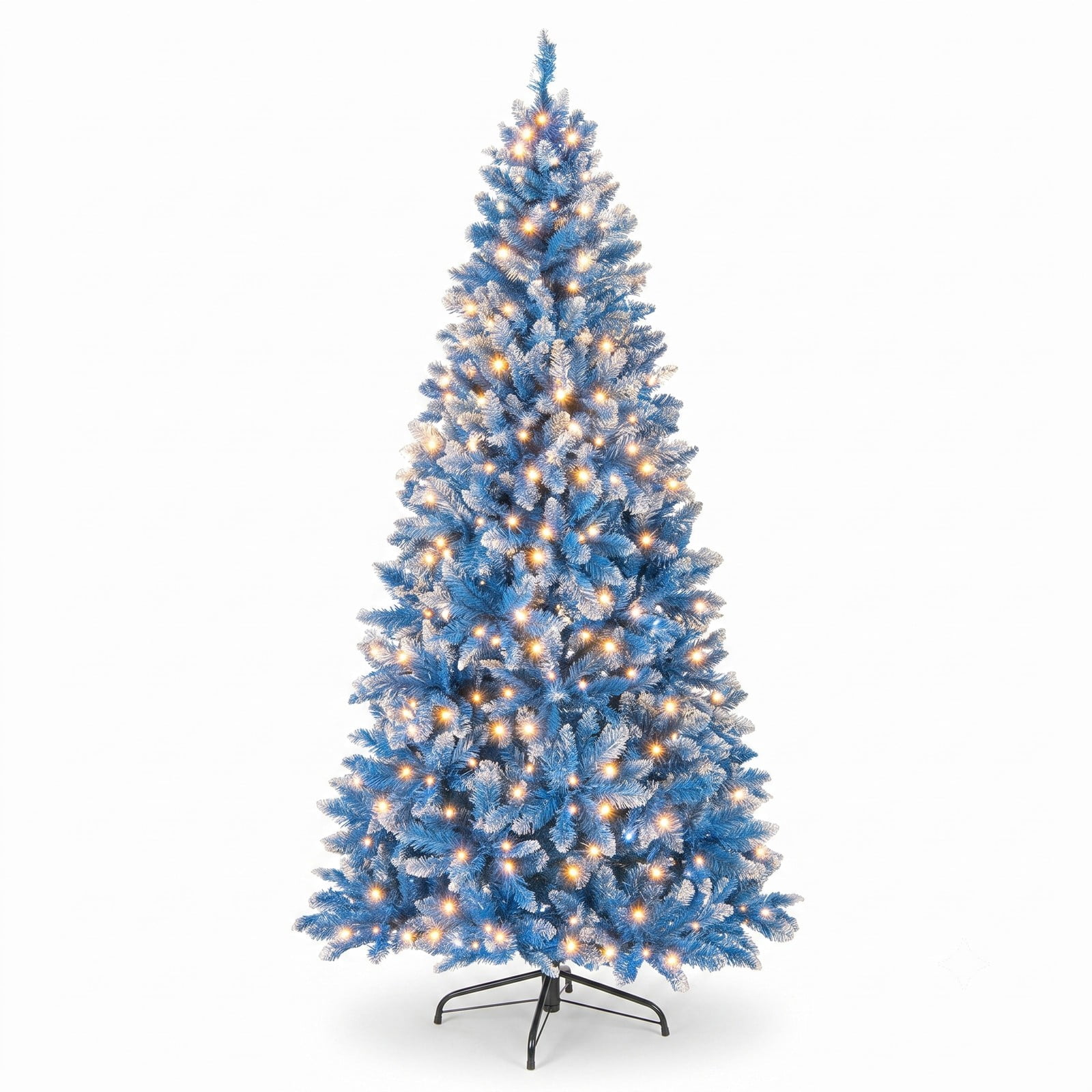 RUIE 6 FT Artificial Christmas Tree, Snowy Blue Pre-Lit Xmas Tree with 767 Branch Tips, 270 Warm White LED Lights, 8 Modes, Foldable Metal Stand for Indoor, Blue