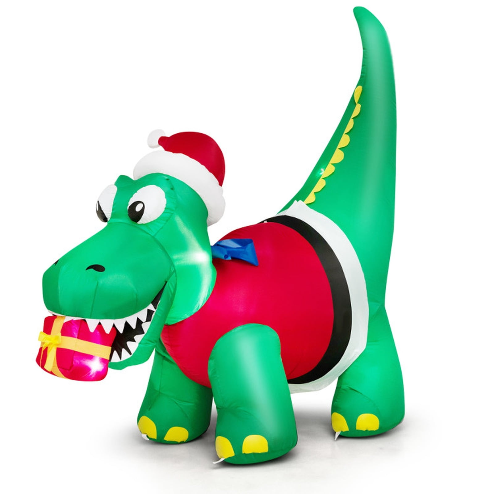 RUIE 6 FT Christmas Inflatable Dinosaur, Blow Up Dino with Santa Hat Gift Box and LED Lights, Lighted Outdoor Yard Decor for Lawn Party - Green