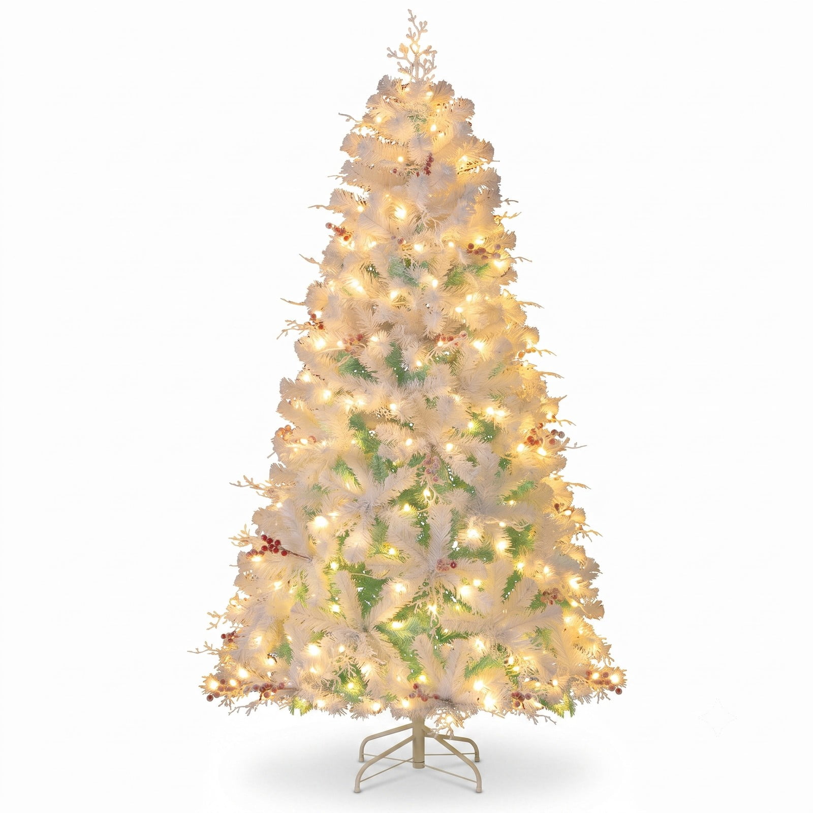 RUIE 6 FT Pre-Lit Artificial Christmas Tree with 250 Warm White LED Lights, Snow Flocked Branch Tips, Frosted Red Berries and Foldable Metal Base, White & Lake Blue