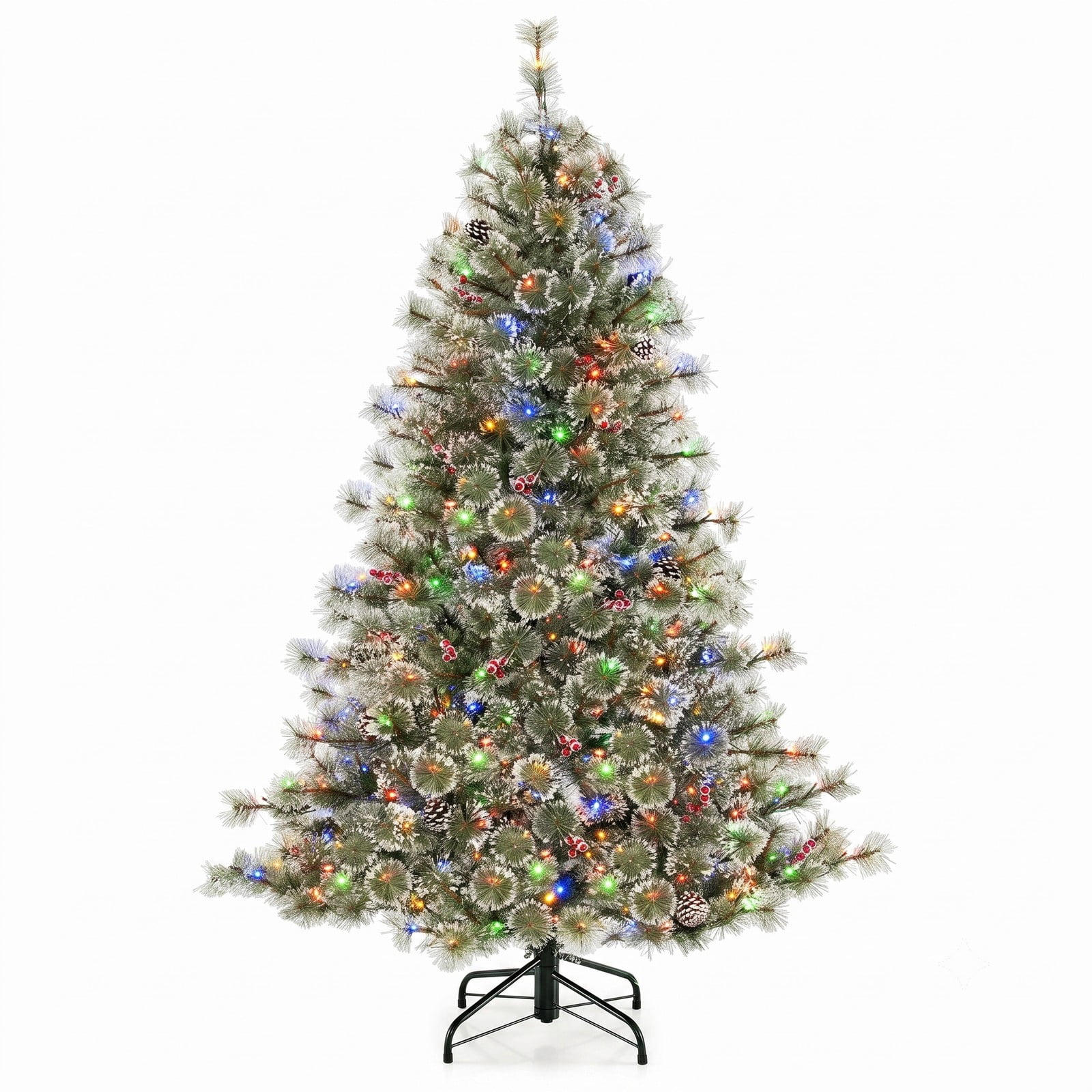 RUIE 6 FT Pre-Lit Artificial Christmas Tree, Hinged Holiday Tree with 350 Color-Changing LED Lights, 598 Branch Tips, Pine Cones and Red Berries, Quick Power, Green