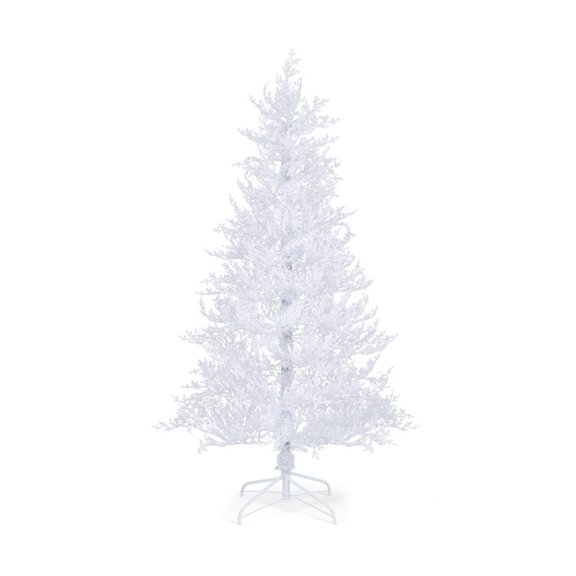 RUIE 6 FT Pre-Lit Flocked Christmas Tree, White Artificial Xmas Tree with 300 Dual-Color LED Lights & Timer