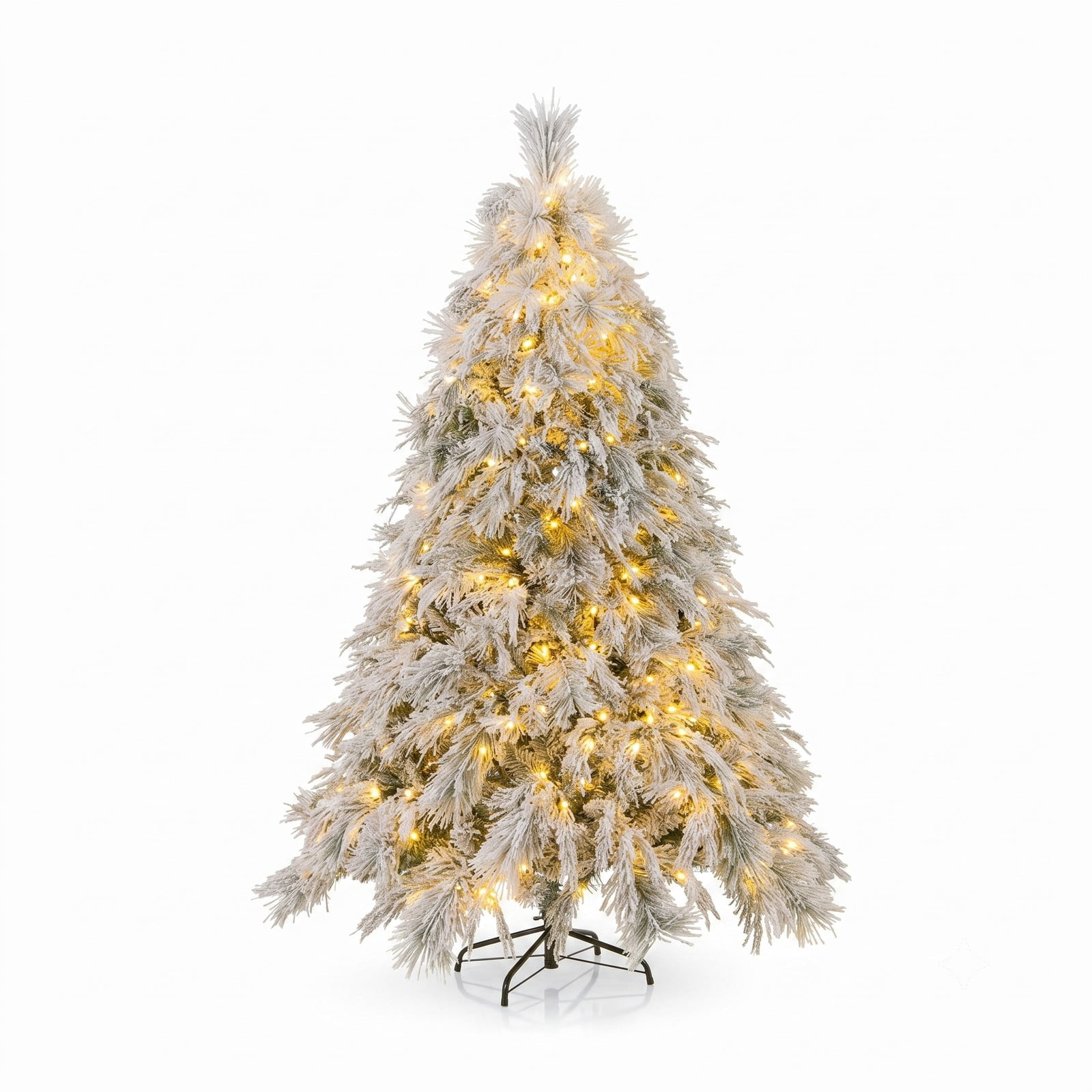 RUIE 6 FT Pre-Lit Snow Flocked Artificial Christmas Tree with 250 Warm White LED Lights, Hinged Xmas Pine Tree with Metal Stand for Home Office Holiday, White & Green