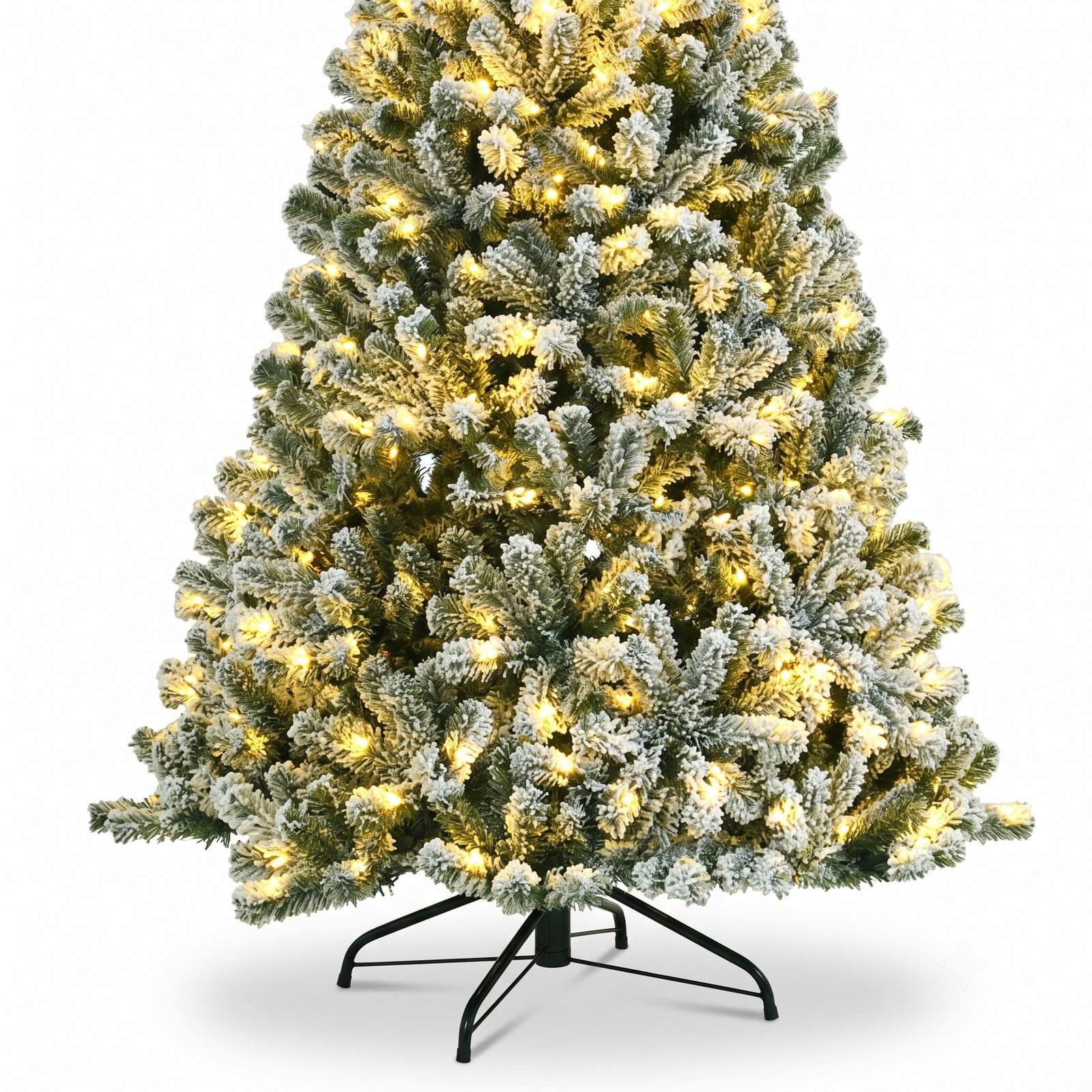 RUIE 6 FT Pre-Lit Snow Flocked Christmas Tree, Artificial Hinged Xmas Tree with 928 Branch Tips, 650 Warm White LED Lights and Foldable Metal Stand for Holiday, Green
