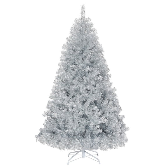 RUIE 6 FT Silver Tinsel Christmas Tree, Unlit Hinged Artificial Xmas Tree with Metal Stand, 1036 Tips